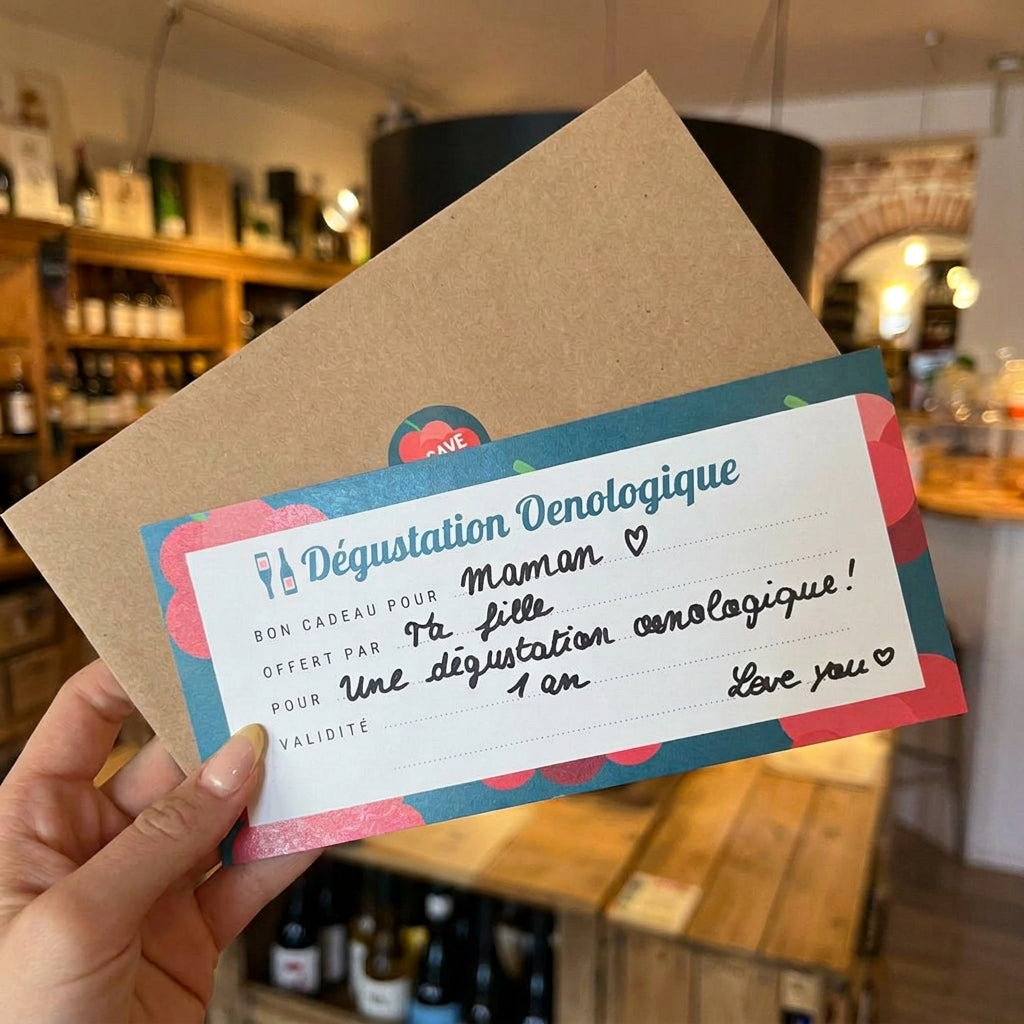Une main tient un bon cadeau pour une dégustation œnologique, accompagné d’une enveloppe kraft, dans une cave à vin. La carte colorée, personnalisée avec un message manuscrit, est entourée de cœurs roses, évoquant une idée de cadeau originale pour les amateurs de vin.