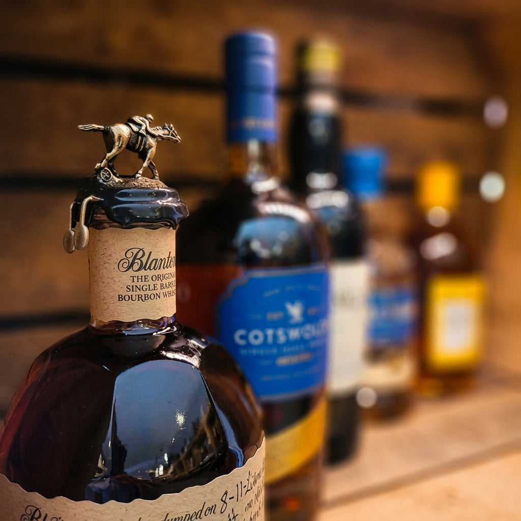 Bouteille de bourbon Blanton’s au premier plan, devant plusieurs bouteilles de spiritueux