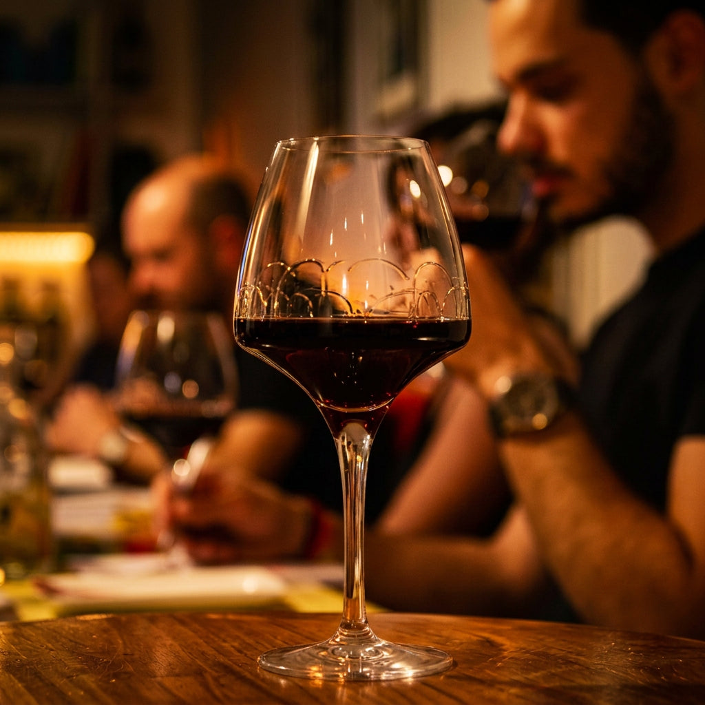 Verre de vin rouge au premier plan et participant sentant son verre en arrière-plan.