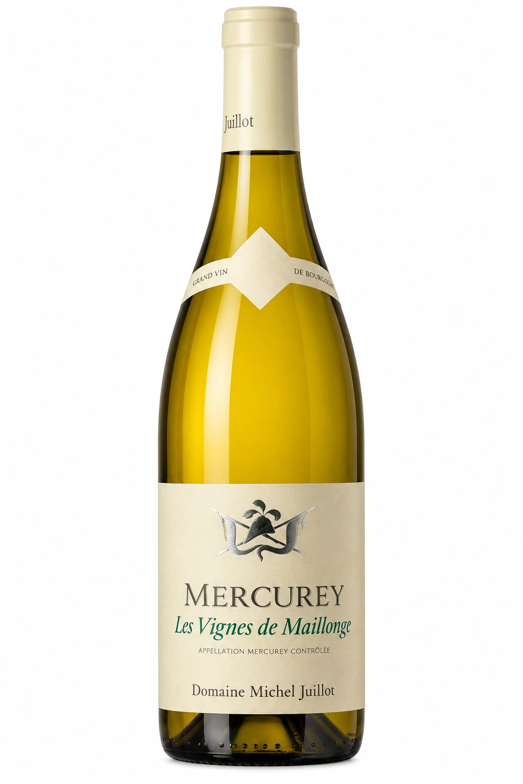 Bouteille de Mercurey Blanc Les Vignes de Maillonge du Domaine Michel Juillot, vin blanc de Bourgogne 100 % Chardonnay, sur fond blanc.