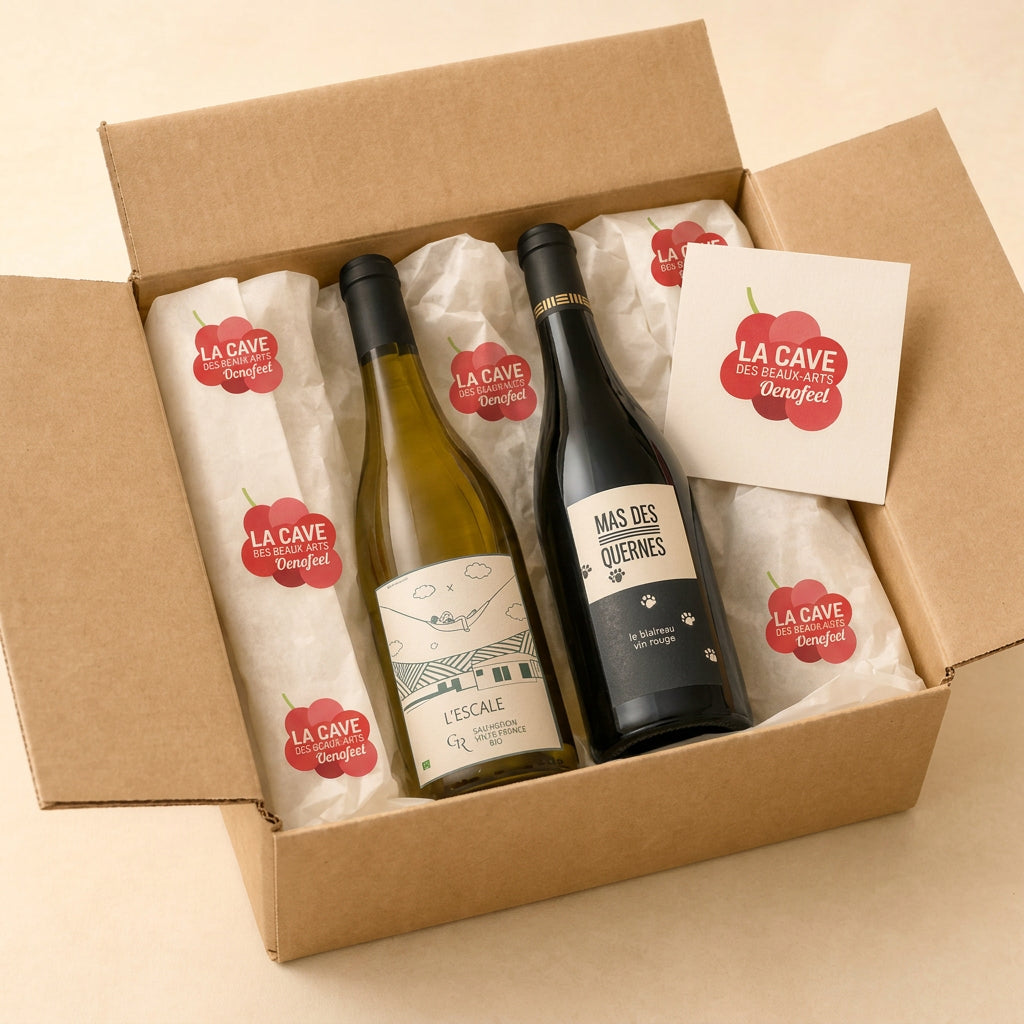 Coffret Oenobox ouvert avec deux bouteilles de vin, L’Escale et Mas des Quernes, et une carte Oenofeel.