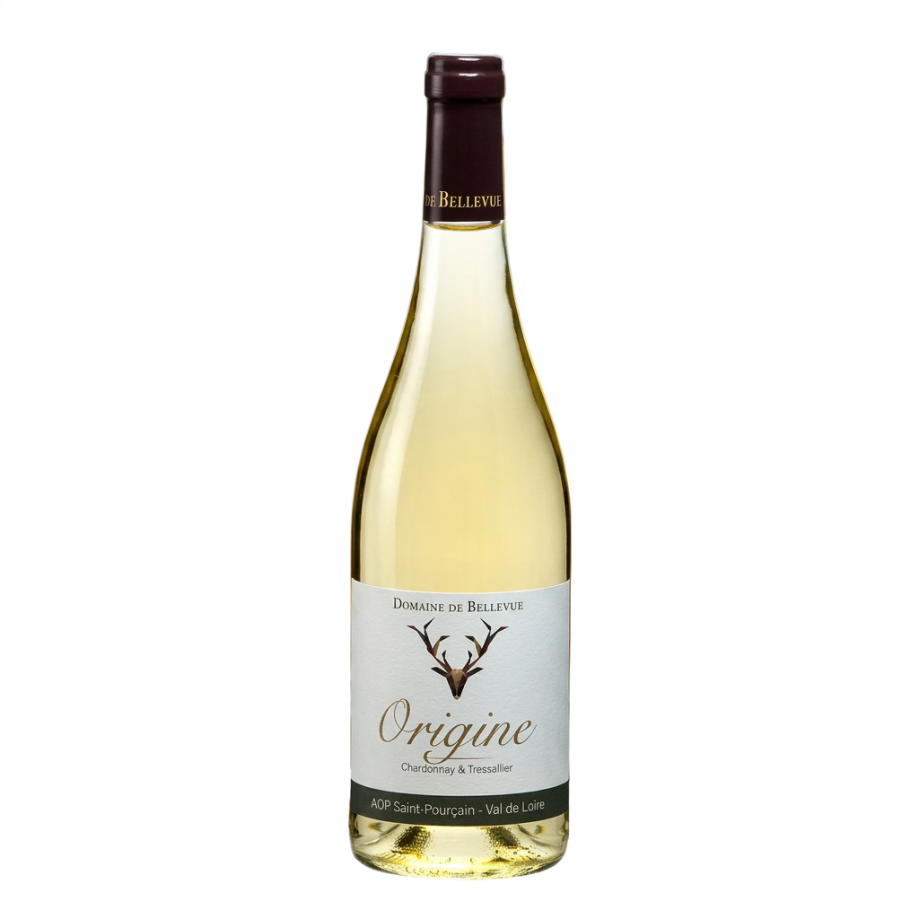 Bouteille Origine Blanc du Domaine de Bellevue, vin blanc AOP Saint-Pourçain, assemblage Tressallier et Chardonnay
