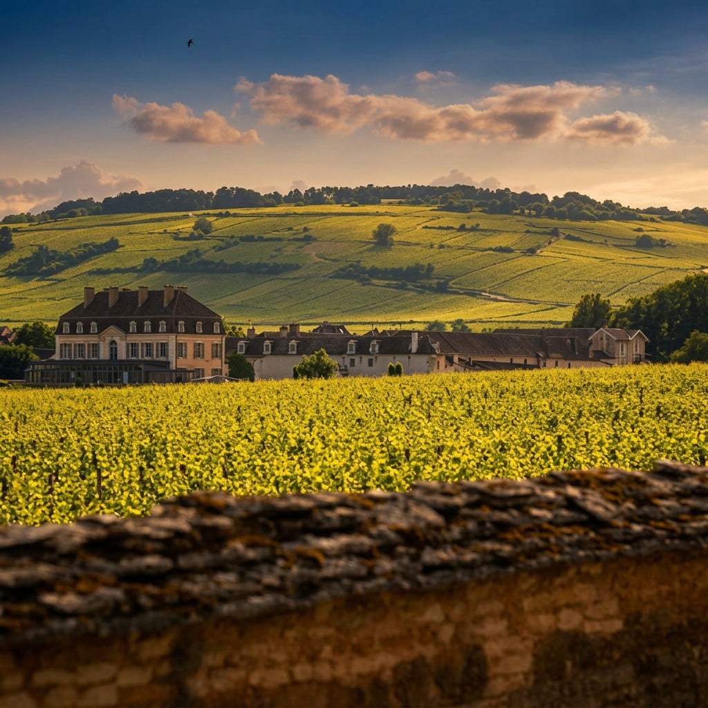 Vignes et bâtiments d’un domaine au pied de collines verdoyantes, derrière un muret en pierre.