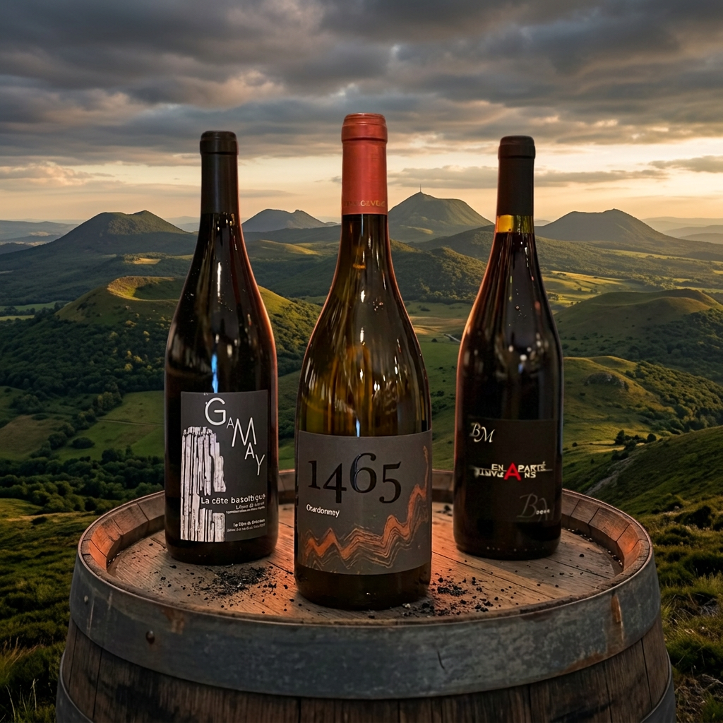 Trois bouteilles de vin présentées sur un tonneau devant un paysage de volcans d’Auvergne.