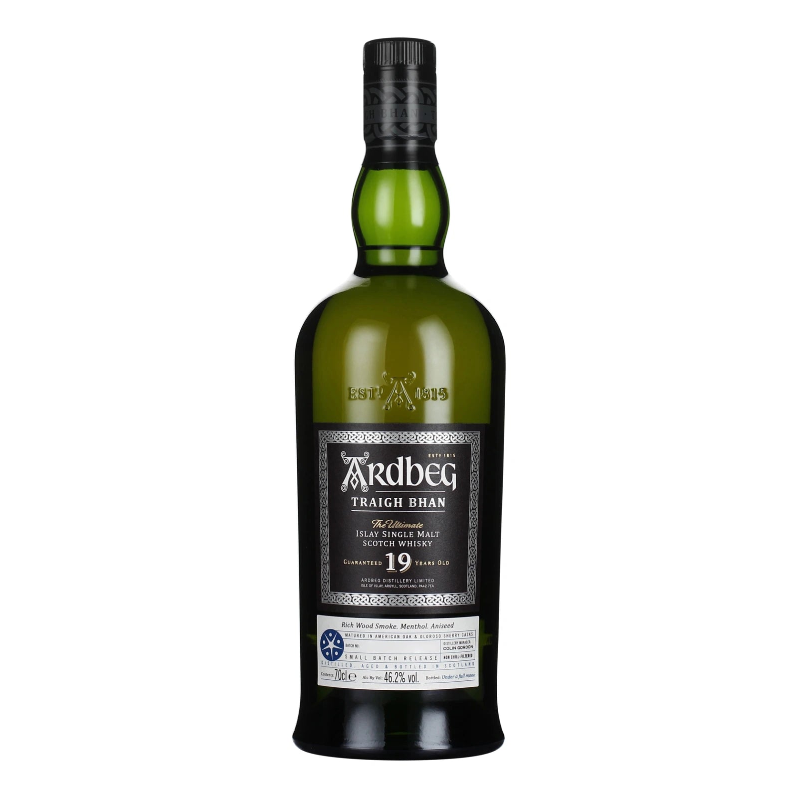 Bouteille de whisky Ardbeg Traigh Bhan 19 ans, single malt écossais tourbé de l'île d'Islay, vieilli en fûts de bourbon et de sherry Oloroso, 70 cl.