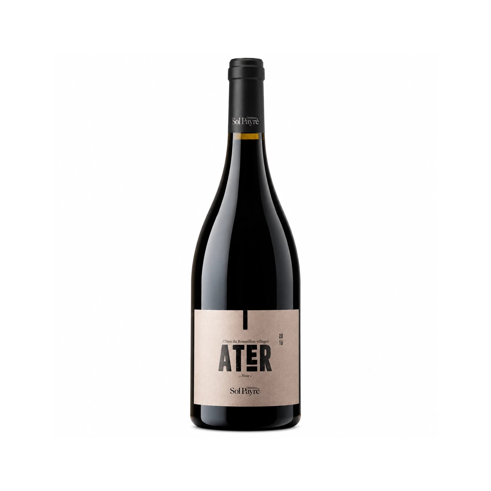 Bouteille de vin rouge Ater du Domaine Sol Payré, AOP Côtes du Roussillon Villages, assemblage de Syrah et Grenache.