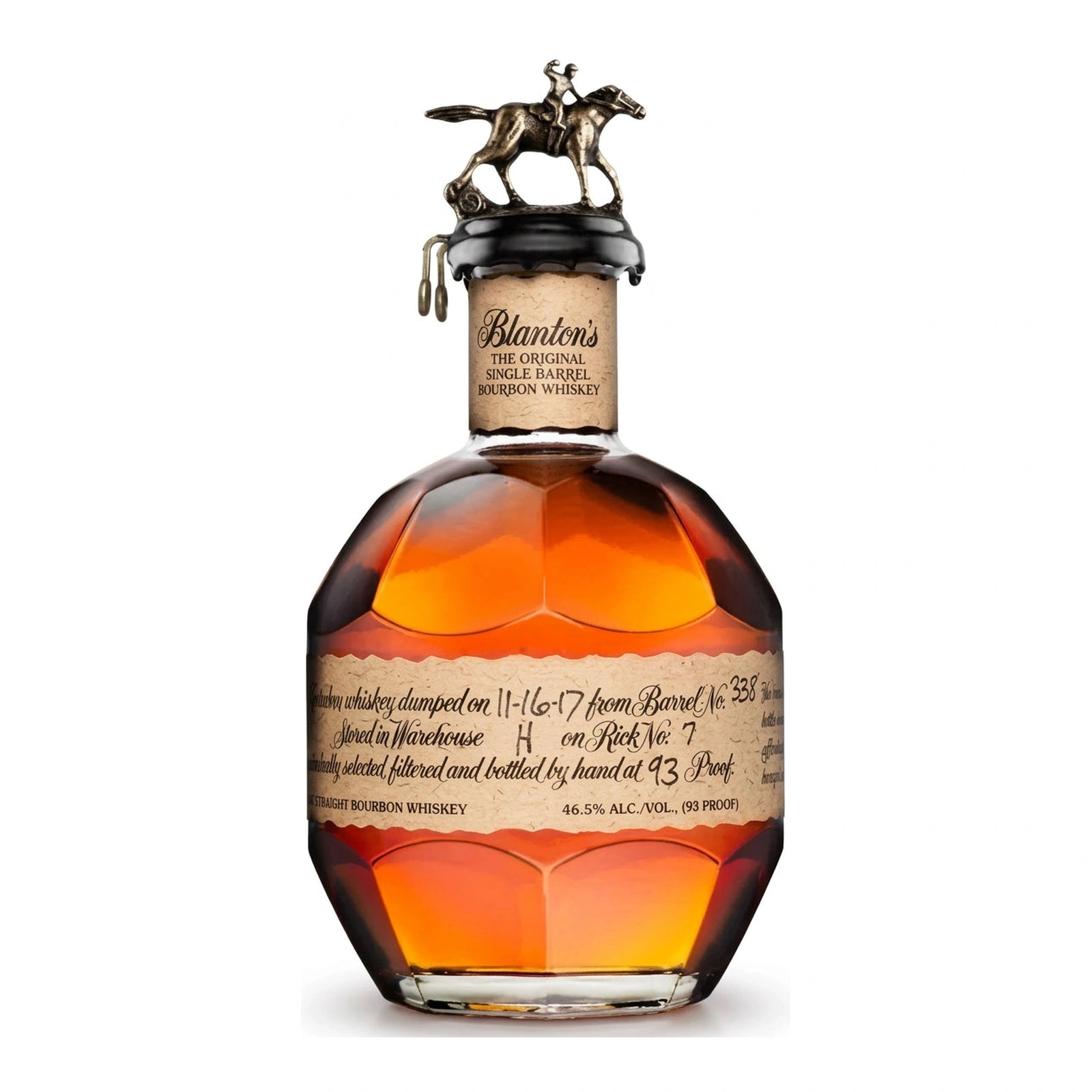 Bouteille de bourbon Blanton’s Original avec son bouchon en forme de cheval, sur fond blanc.