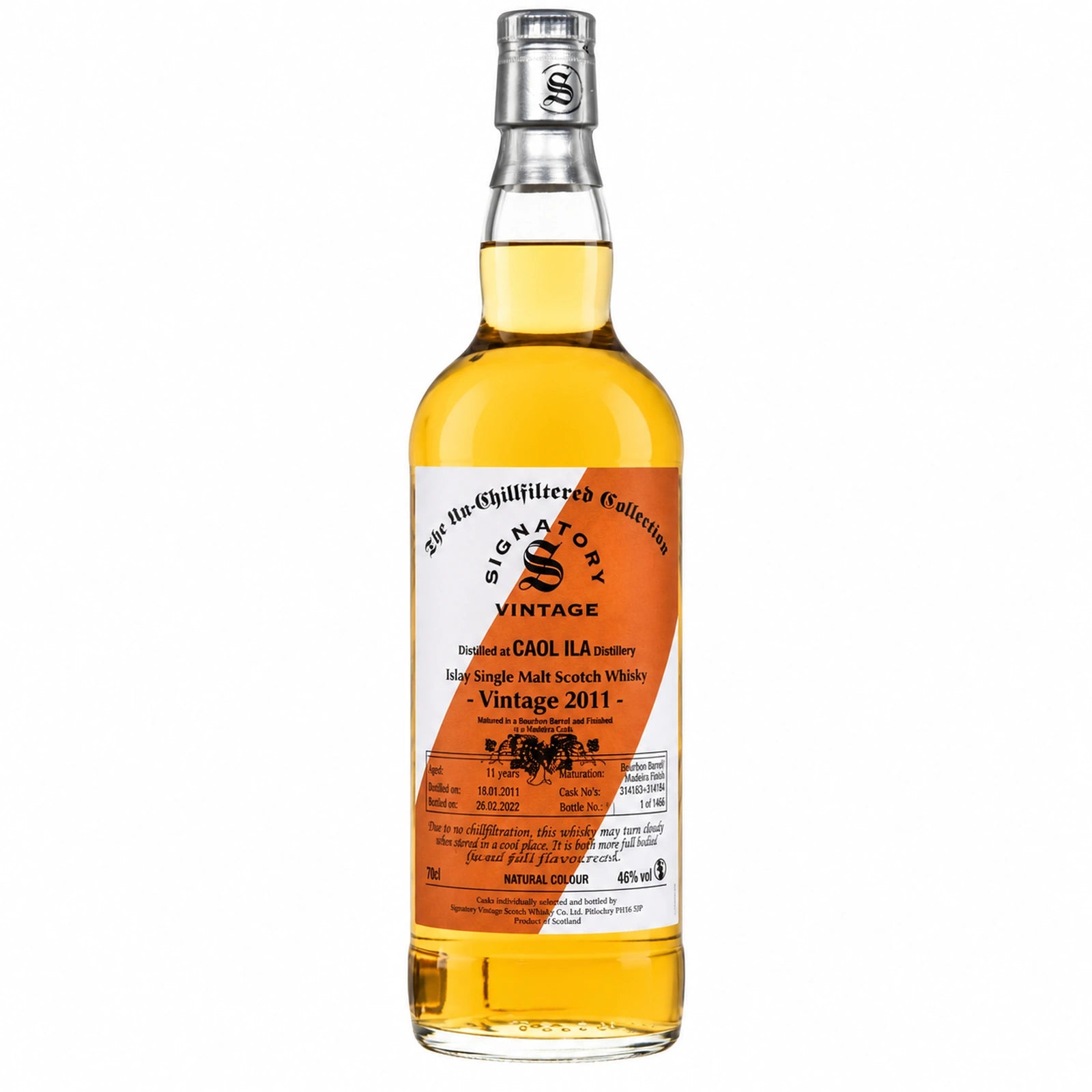 Bouteille de whisky Caol Ila 11 ans distillé en 2011, Madeira Finish, embouteillé par Signatory Vintage, single malt tourbé d'Islay, 46 % vol., 70 cl.