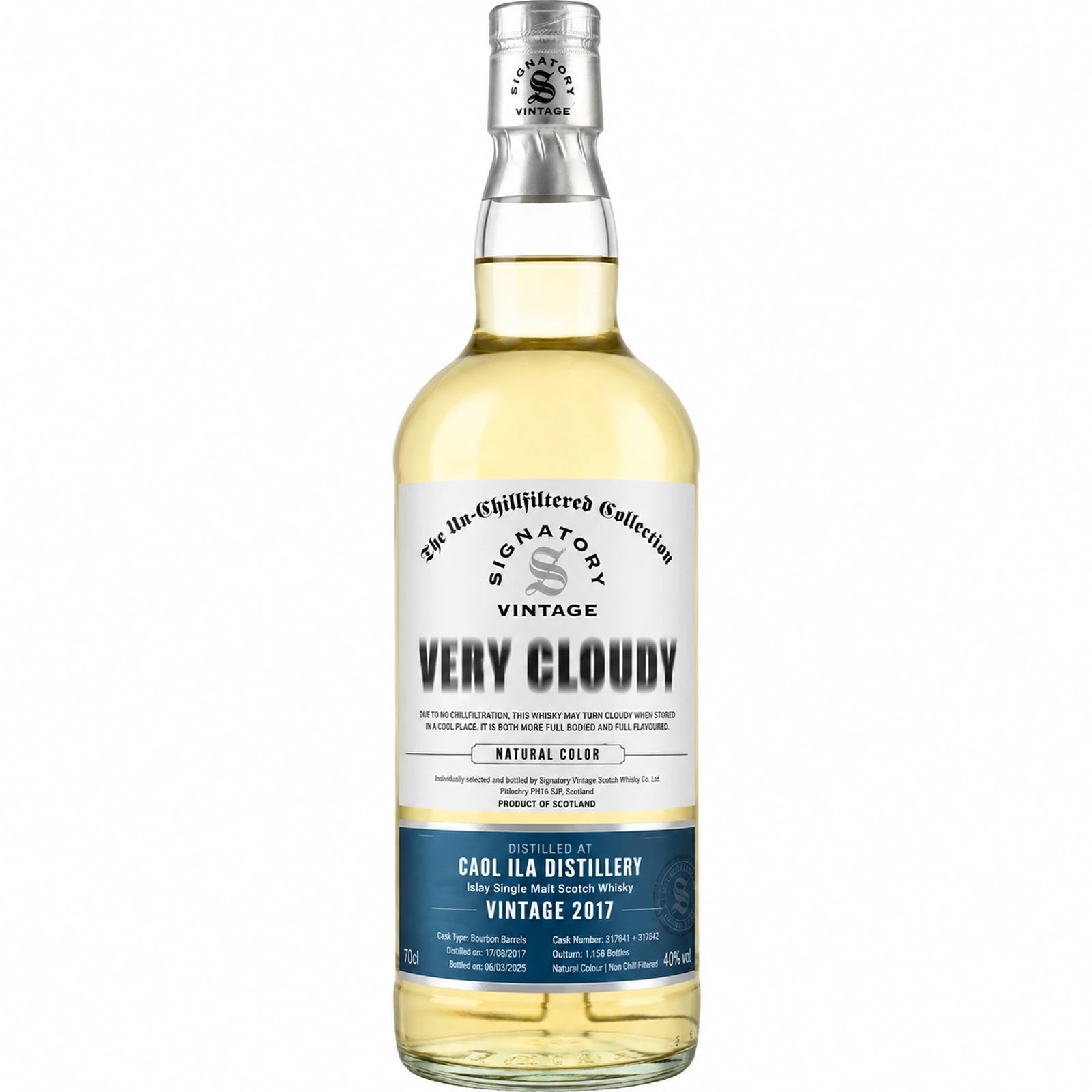 Bouteille de whisky Caol Ila 8 ans 2017 Very Cloudy Signatory Vintage, single malt tourbé d'Islay