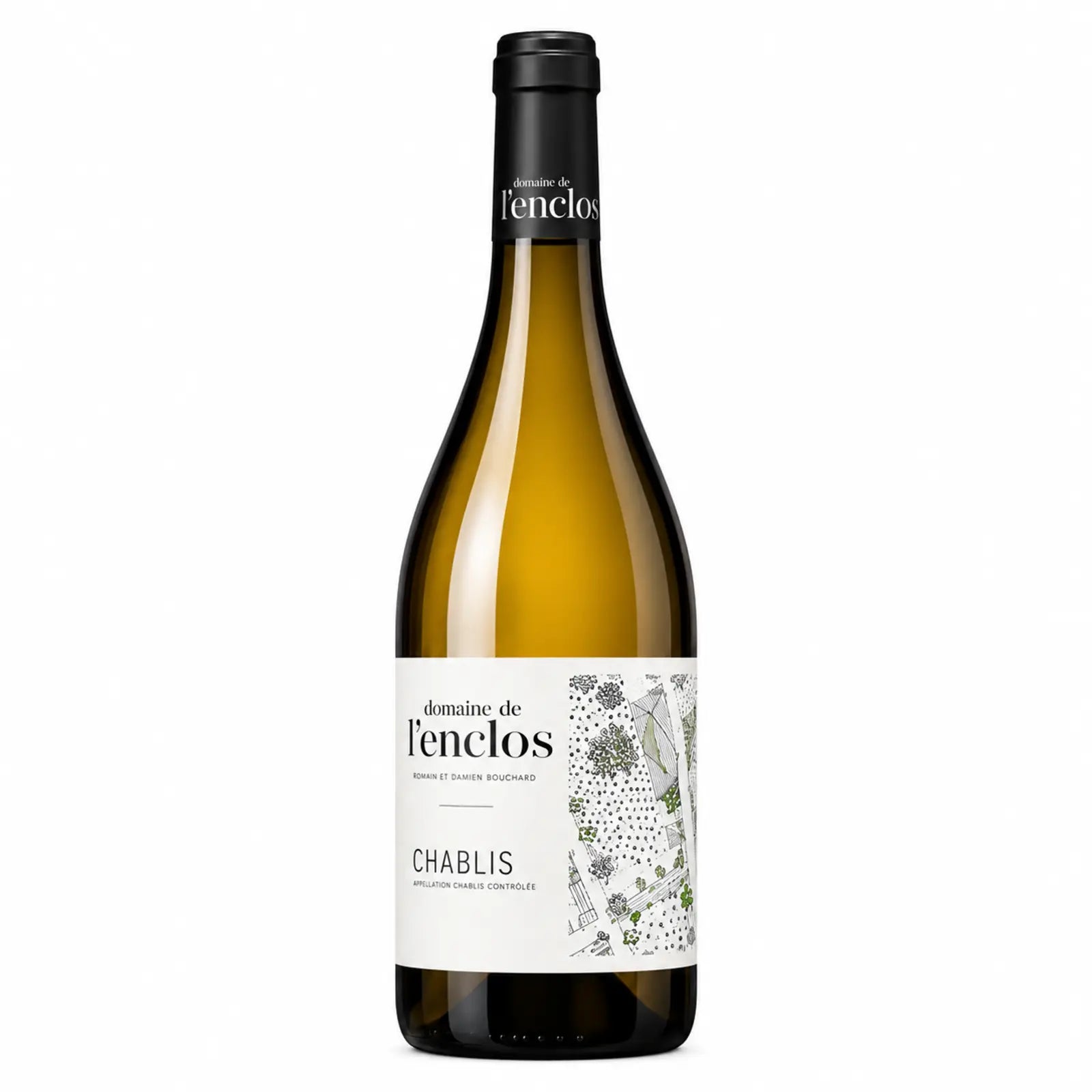 Bouteille de vin blanc Chablis 2023 du Domaine de l’Enclos, AOP Chablis, Chardonnay bio de Bourgogne, étiquette blanche illustrée d’un paysage viticole