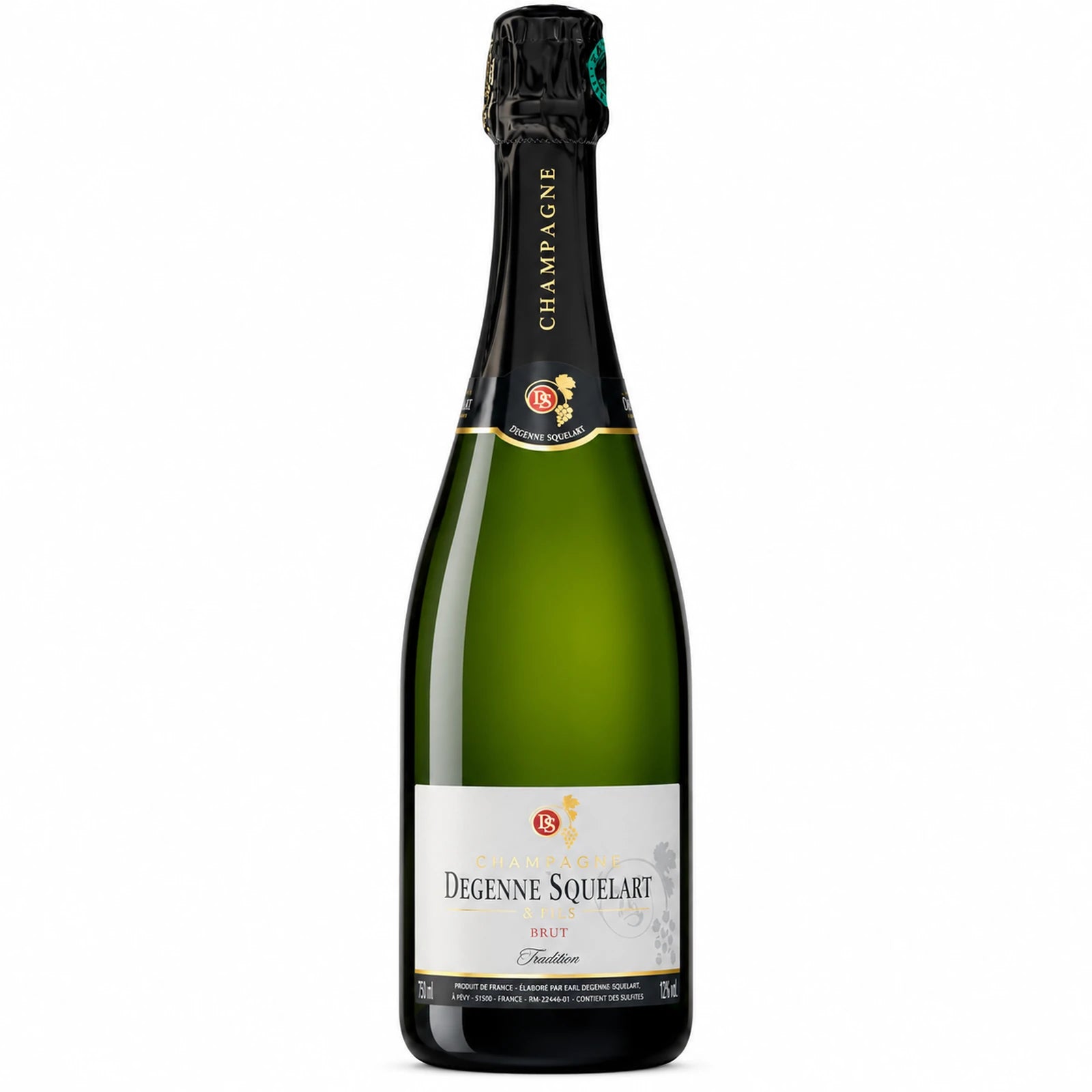 Bouteille de Champagne Brut Tradition de la maison Degenne-Squelart & Fils, assemblage de Pinot Meunier, Pinot Noir et Chardonnay, élaboré à Pévy.