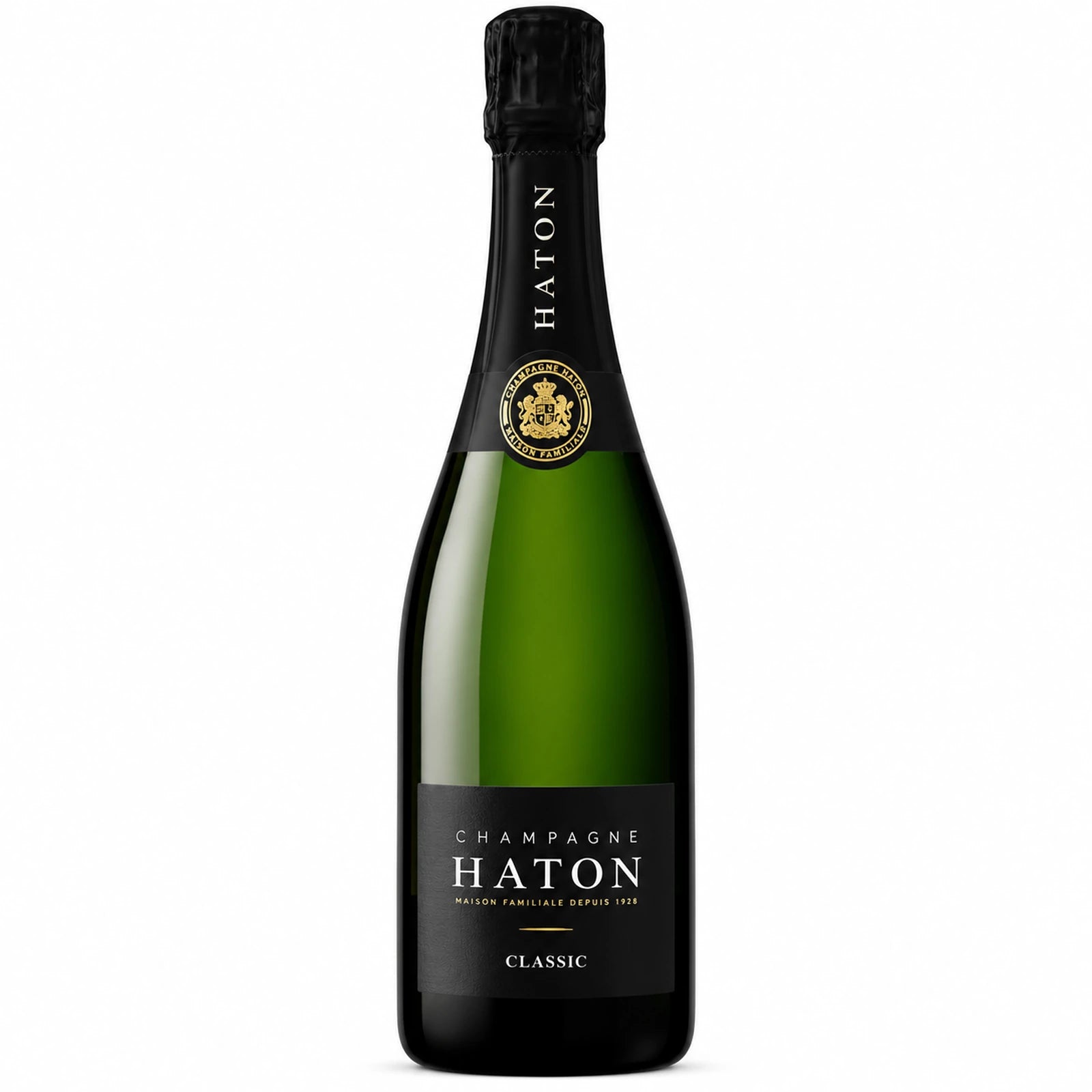 Bouteille de Champagne Classic Brut de la Maison Haton, assemblage de Pinot Meunier et Pinot Noir, originaire de la Vallée de la Marne.