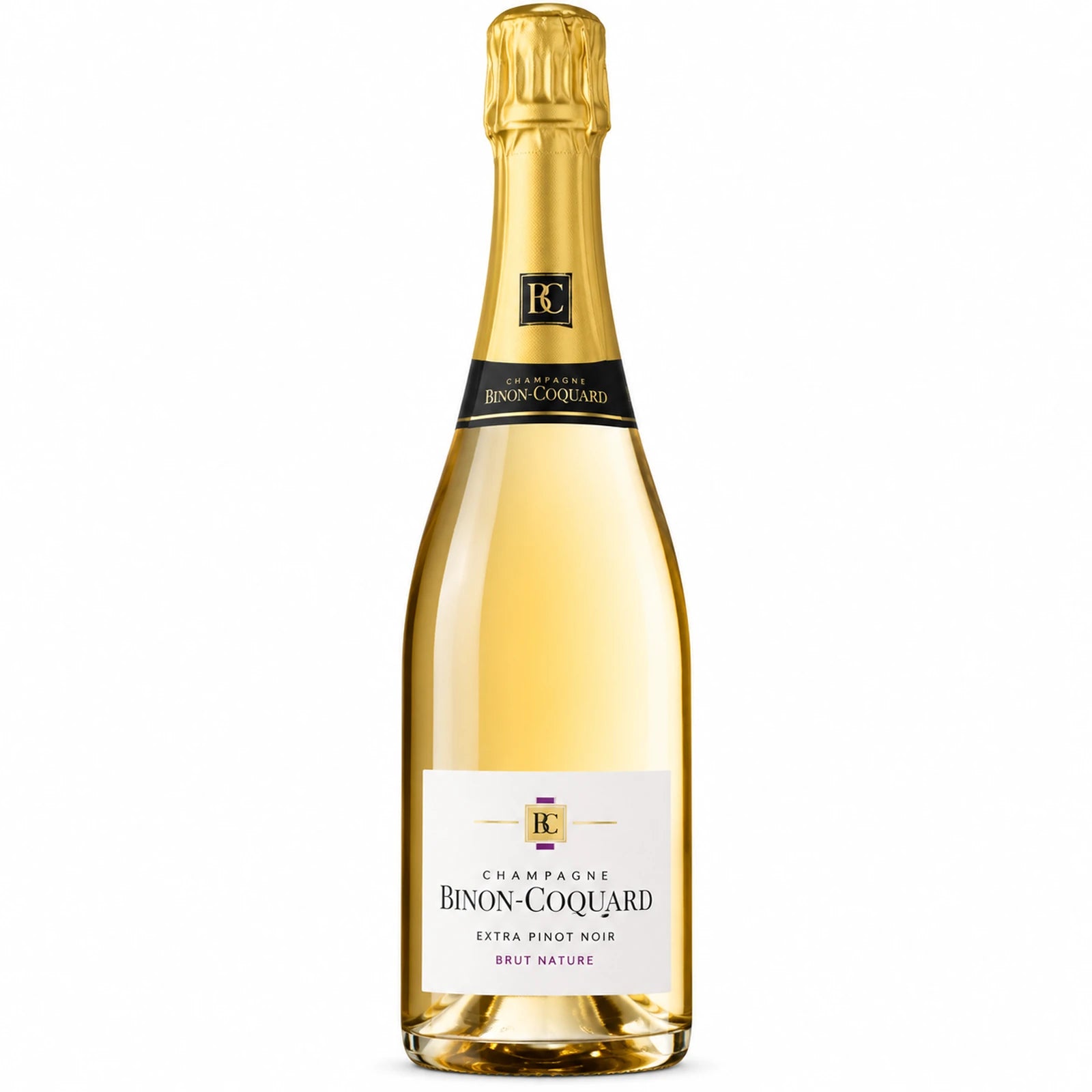 Bouteille de Champagne Extra Pinot Noir Binon-Coquard, cuvée Brut Nature zéro dosage élaborée à partir de 100 % Pinot Noir dans la Côte des Bar.