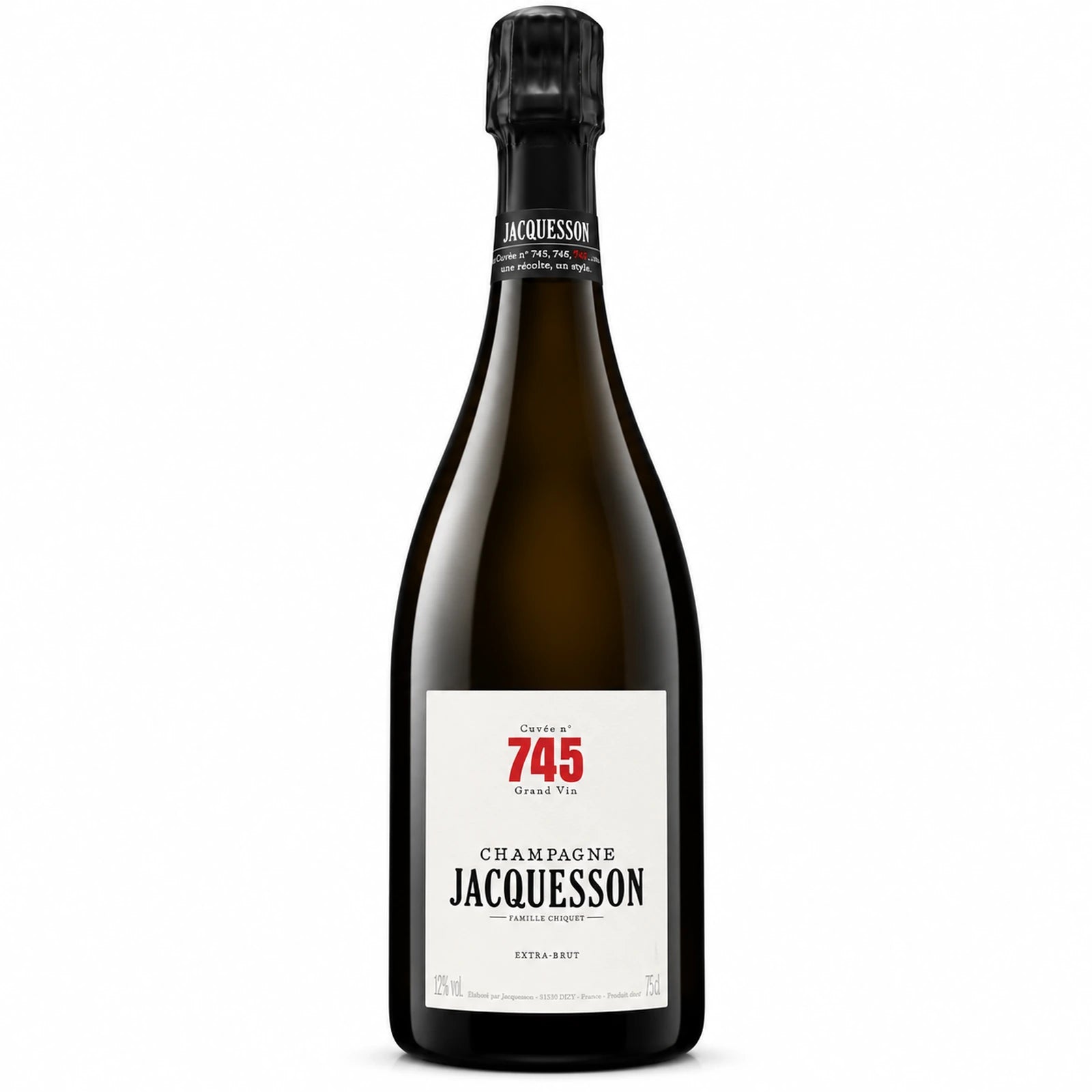 Bouteille de Champagne Jacquesson Cuvée 745 Extra Brut 75 cl, assemblage de Chardonnay, Pinot Meunier et Pinot Noir