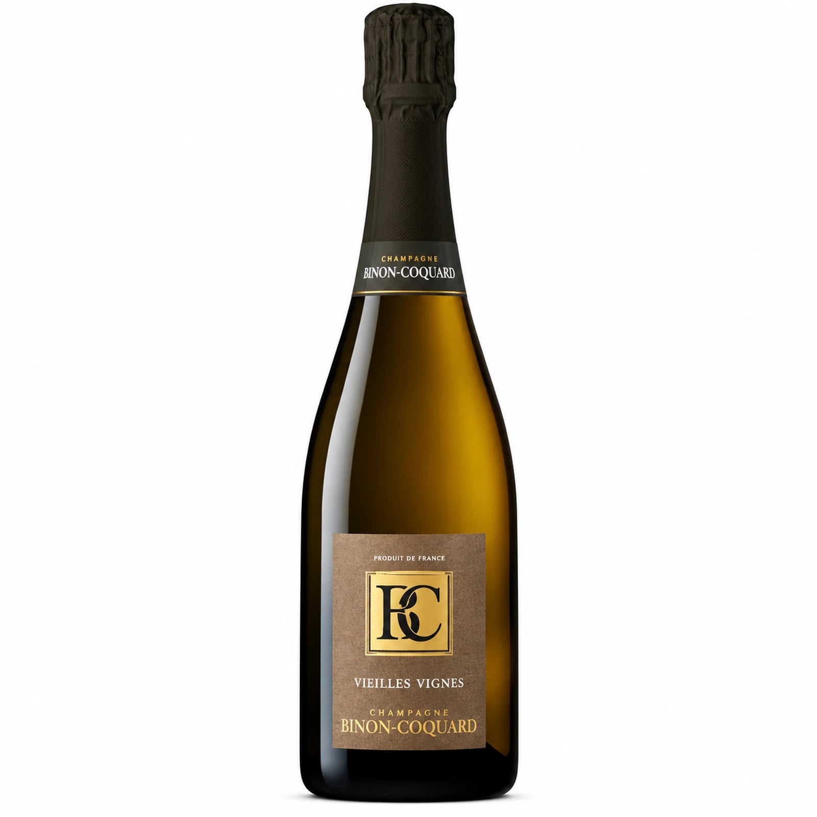 Bouteille de Champagne Vieilles Vignes Brut de Binon-Coquard, cuvée issue de Pinot Noir, Pinot Meunier et Chardonnay dans la Côte des Bar.