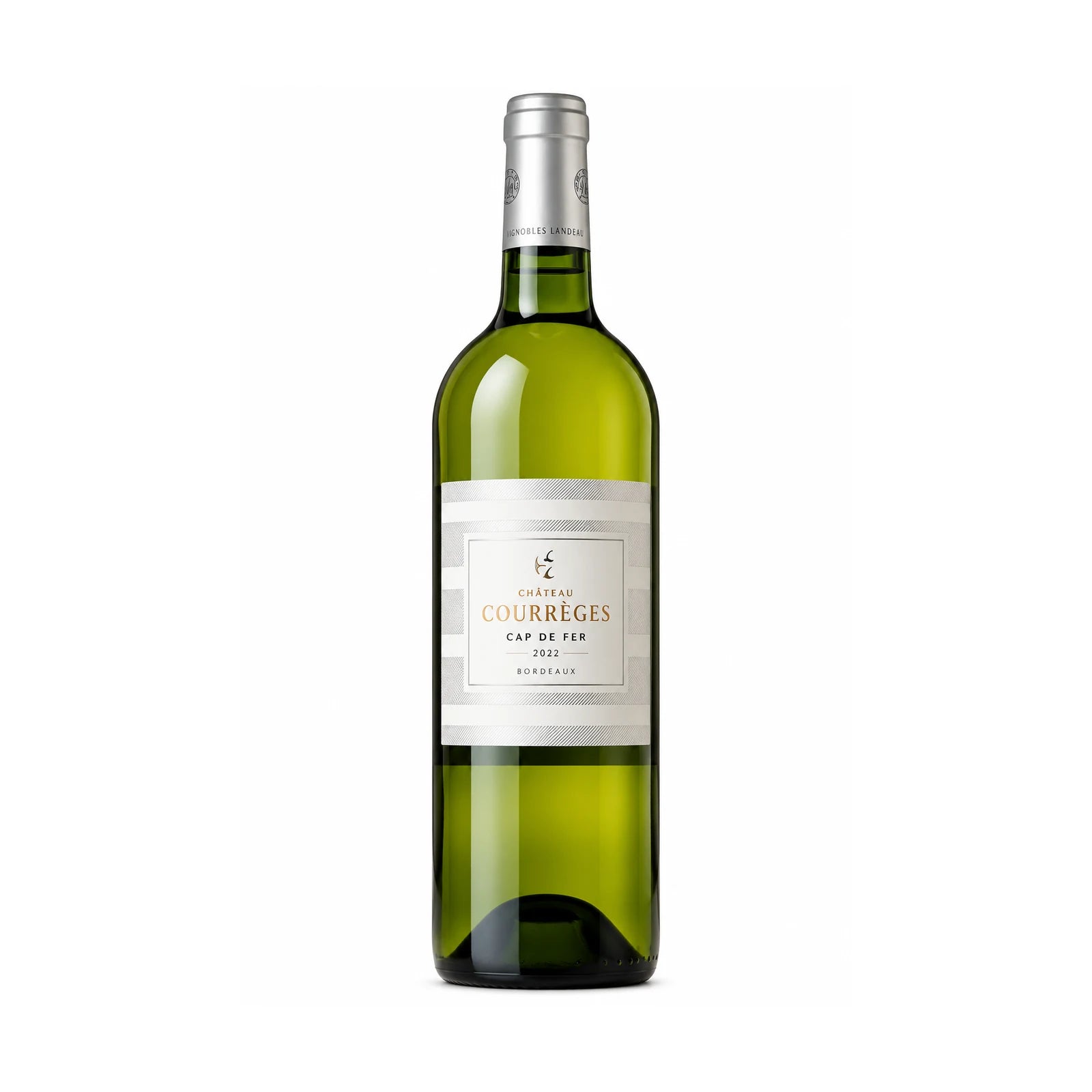 Bouteille de Château Courrèges Cap de Fer Blanc, vin blanc 100 % Sémillon de Bordeaux, Vignobles Landeau.