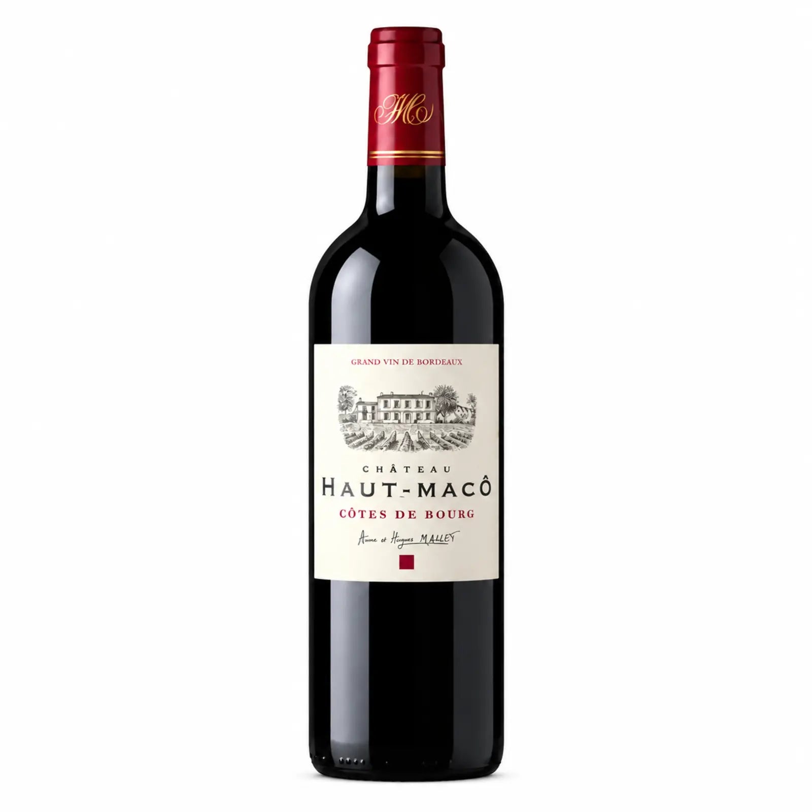 Bouteille de Château Haut Mâco, vin rouge AOP Côtes de Bourg, Bordeaux, élaboré par Anne et Hugues Mallet.