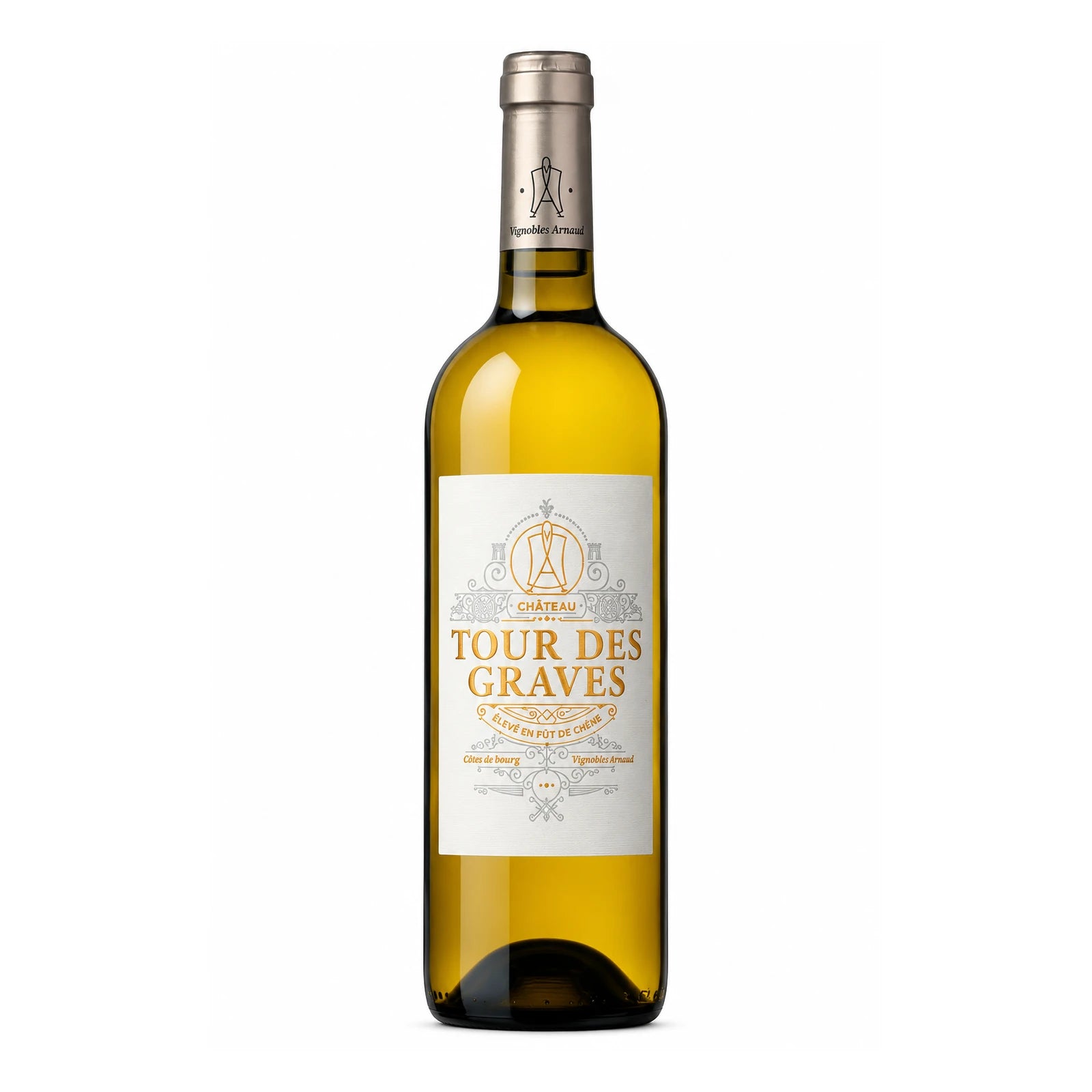 Bouteille de Château Tour des Graves Blanc élevé en fût de chêne, Vignobles Arnaud, vin blanc de Bordeaux.