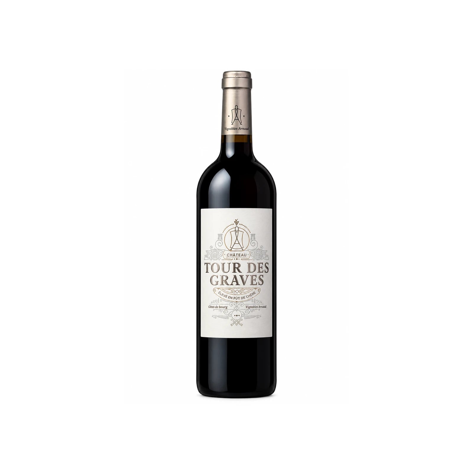 Bouteille de Château Tour des Graves Rouge élevé en fût de chêne, Vignobles Arnaud, vin rouge AOP Côtes de Bourg.