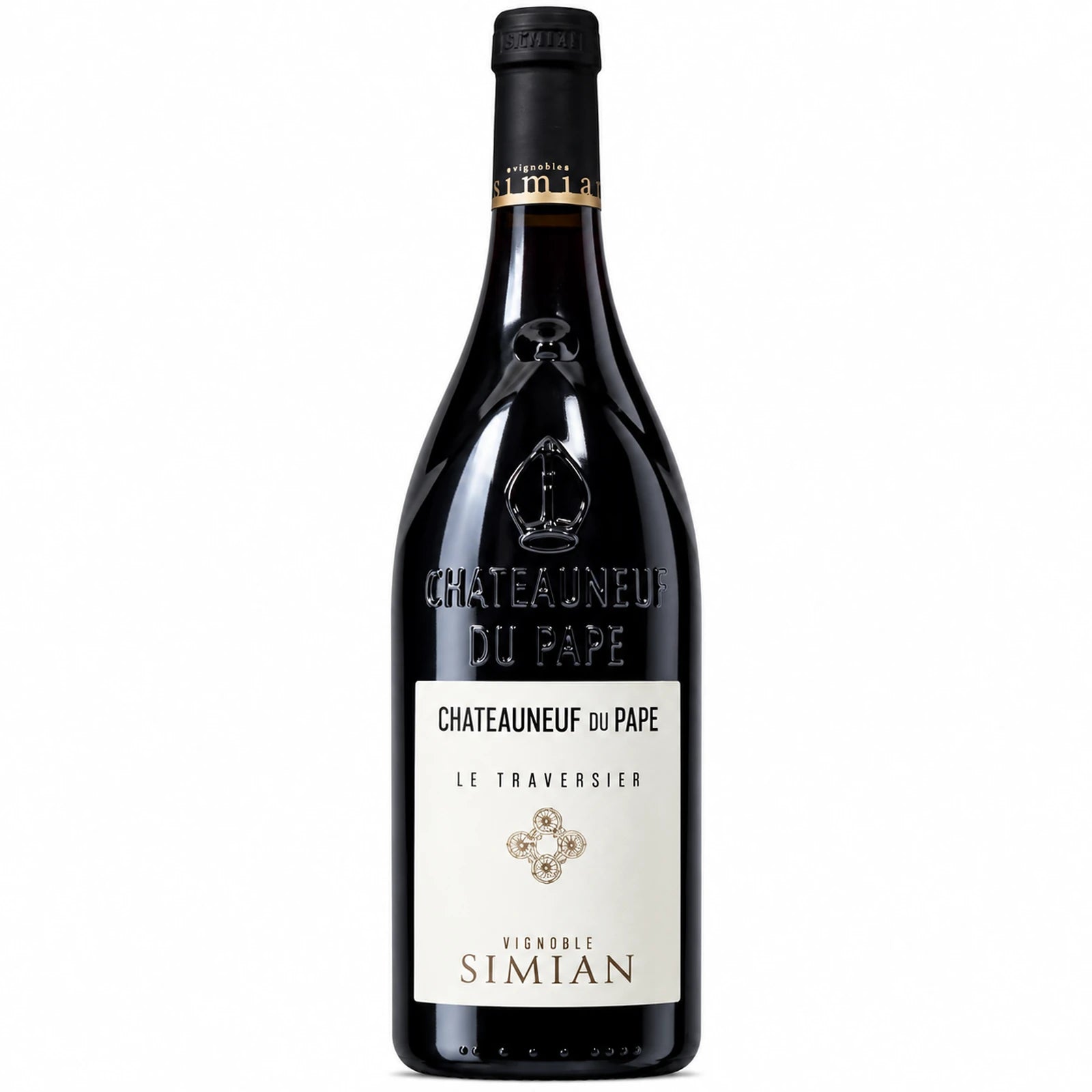 Bouteille de vin rouge Le Traversier du Vignoble Simian, appellation Châteauneuf-du-Pape, assemblage de Grenache noir, Syrah, Cinsault et Mourvèdre.