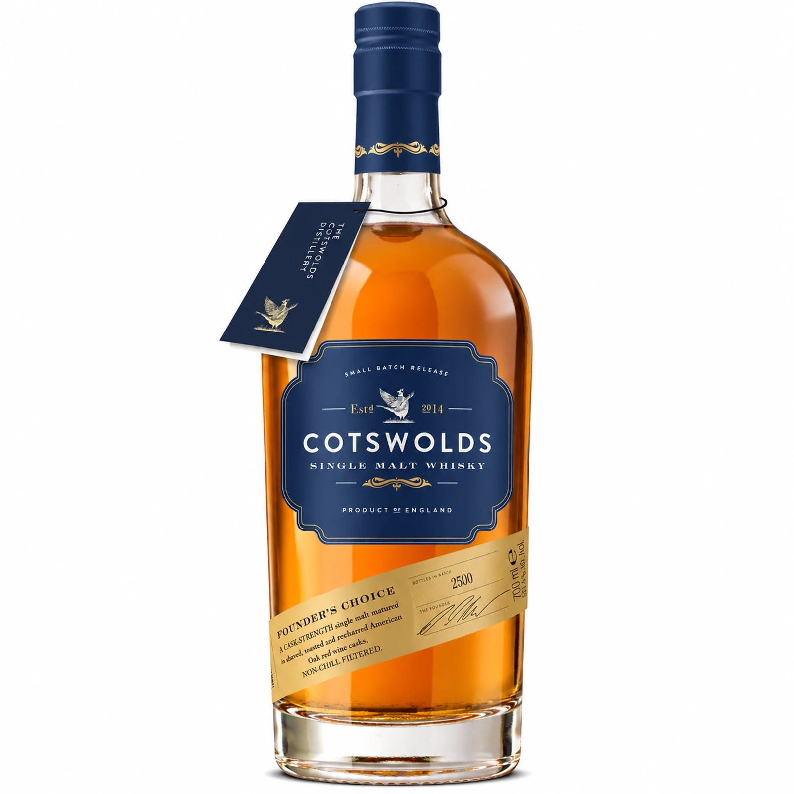 Bouteille de whisky Cotswolds Founder's Choice, single malt anglais brut de fût, vieilli en fûts de vin rouge STR, 70 cl