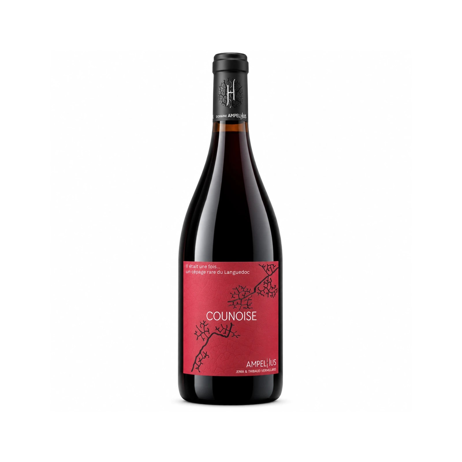 Bouteille de vin rouge biologique Counoise du Domaine Ampelhus, vin de France 100 % Counoise, cépage ancien du Languedoc.