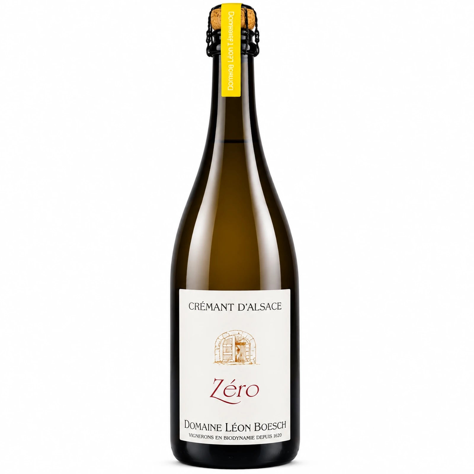 Bouteille de Crémant d'Alsace Zéro du Domaine Léon Boesch, vin blanc effervescent brut non dosé issu de l'agriculture biologique et biodynamique.