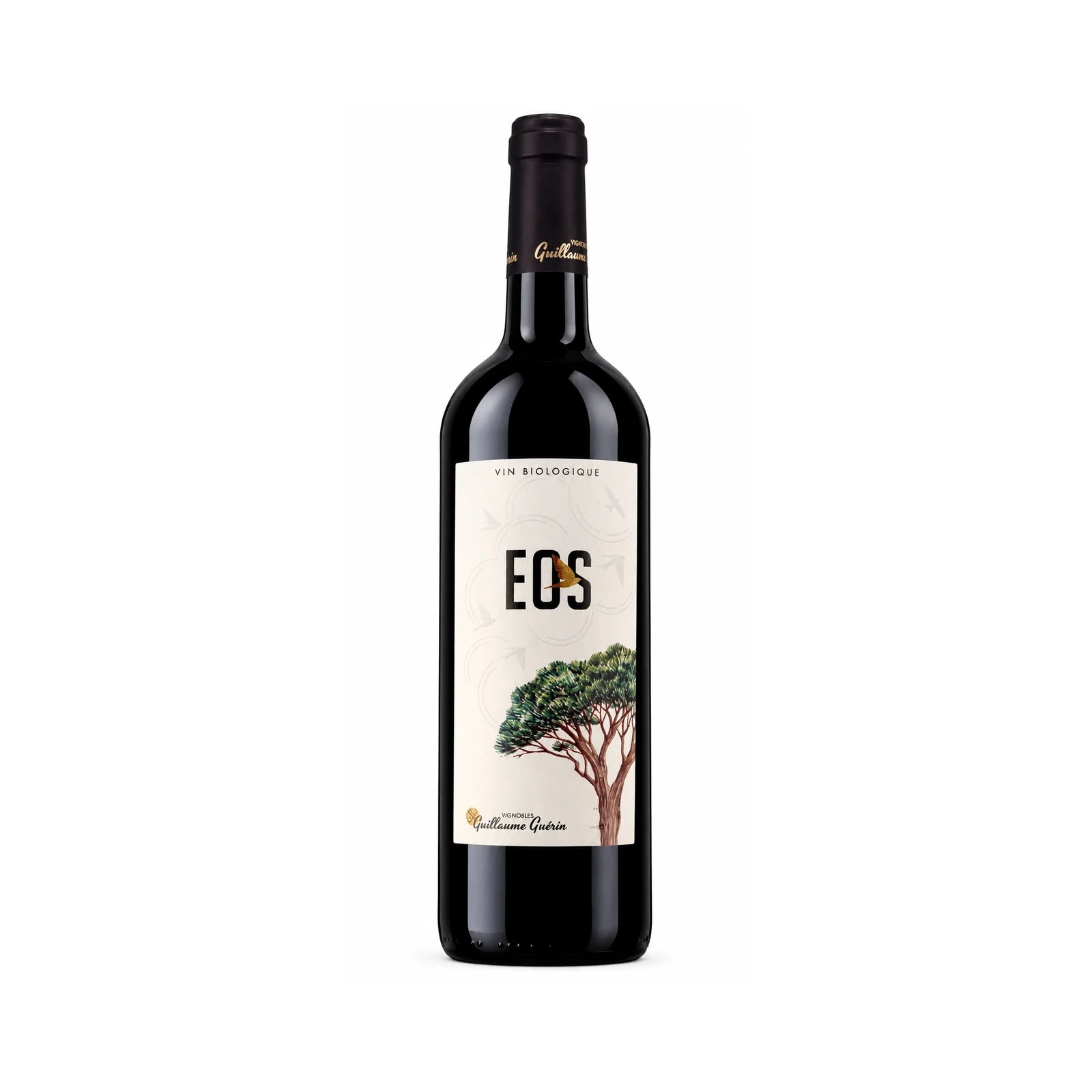Bouteille de Cuvée Éos 2019 des Vignobles Guillaume Guérin, vin rouge bio AOP Blaye Côtes de Bordeaux, assemblage de Merlot et Malbec.