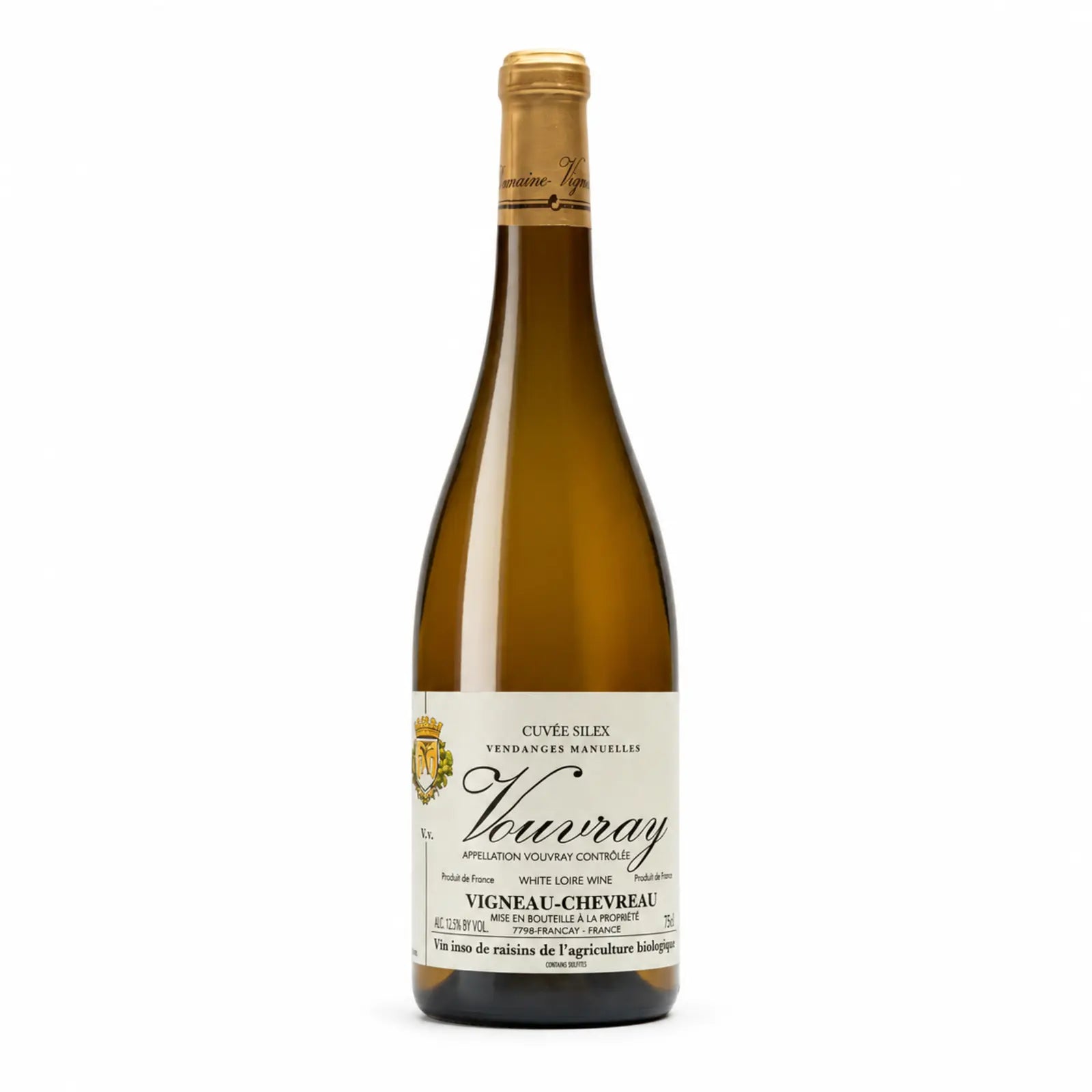 Bouteille de Vouvray Cuvée Silex du Domaine Vigneau-Chevreau, vin blanc de la vallée de la Loire issu de vendanges manuelles. Bouteille en verre teinté, capsule dorée et étiquette blanche, photographiée sur fond blanc.