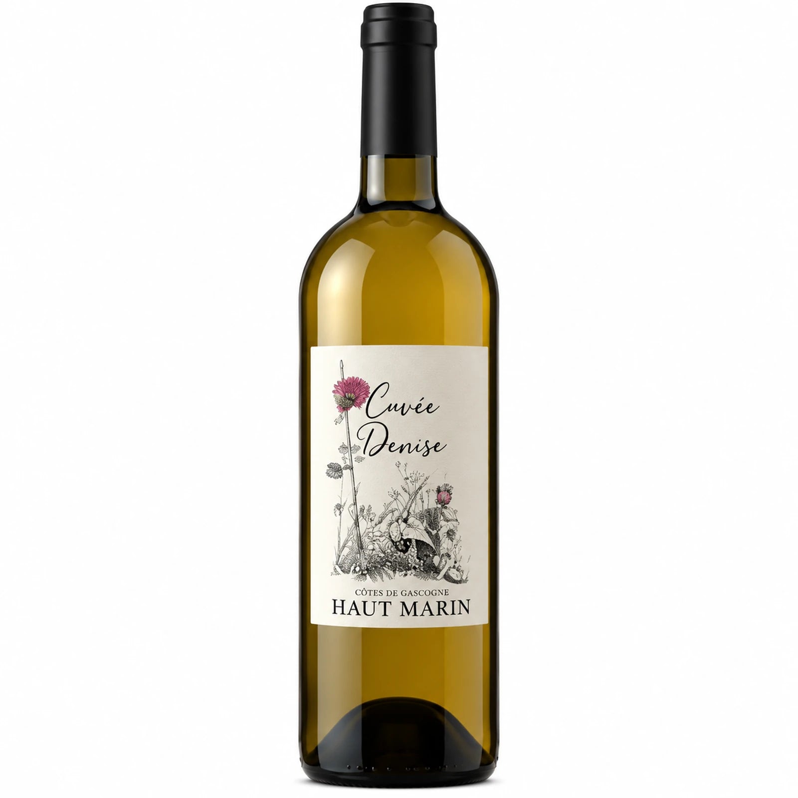 Bouteille de vin blanc Cuvée Denise du Domaine Haut-Marin, IGP Côtes de Gascogne, assemblage de Sauvignon et Petit Manseng