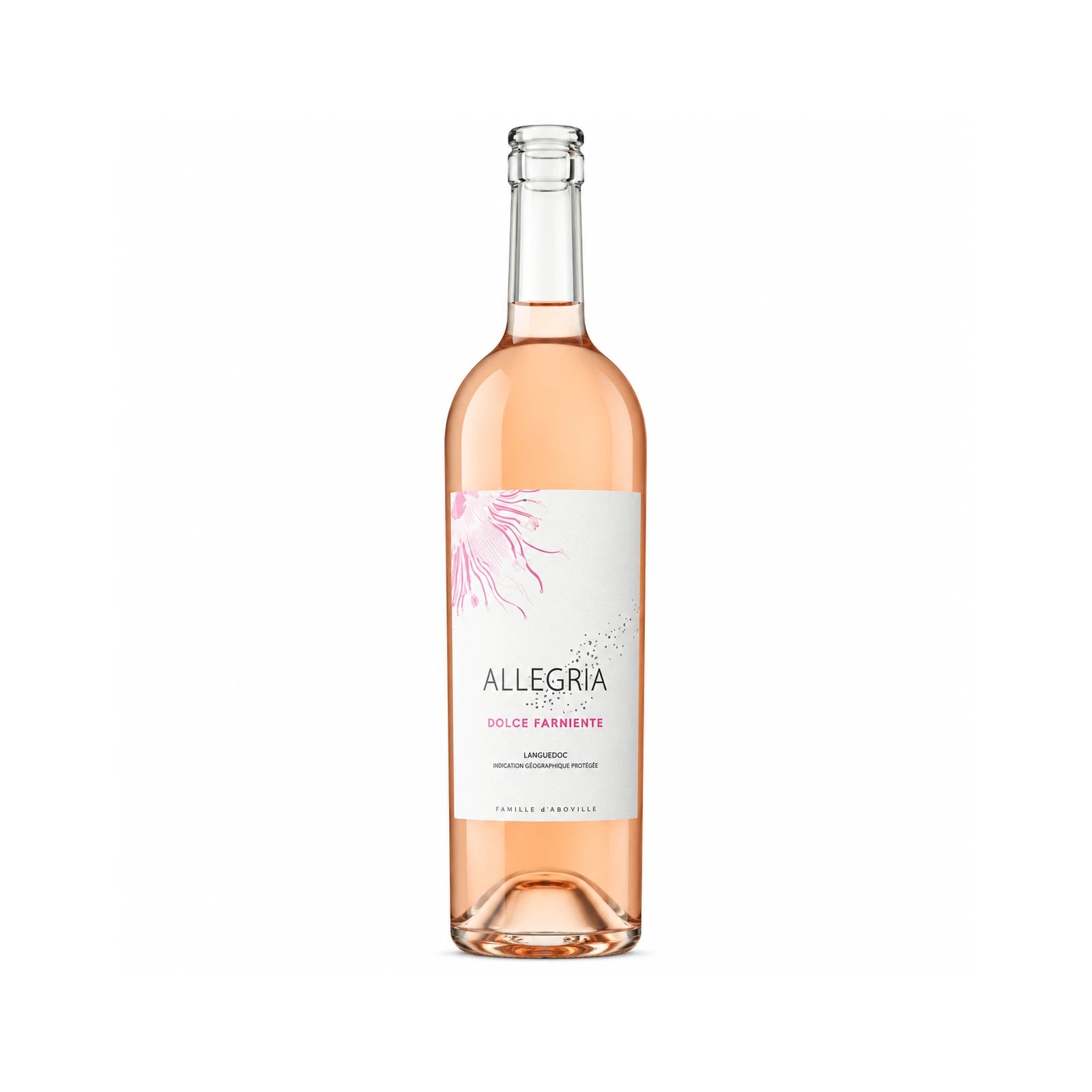 Bouteille de vin rosé Dolce Farniente du Domaine Allegria, avec une robe rose pâle,