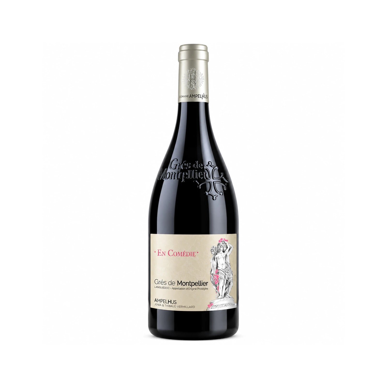 Bouteille de vin rouge biologique En Comédie du Domaine Ampelhus, AOC Grés de Montpellier, assemblage de Grenache, Syrah et Morrastel.