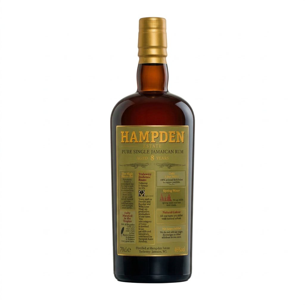 Bouteille de rhum jamaïcain Hampden Estate 8 ans à 46 %, présentée de face sur fond blanc.