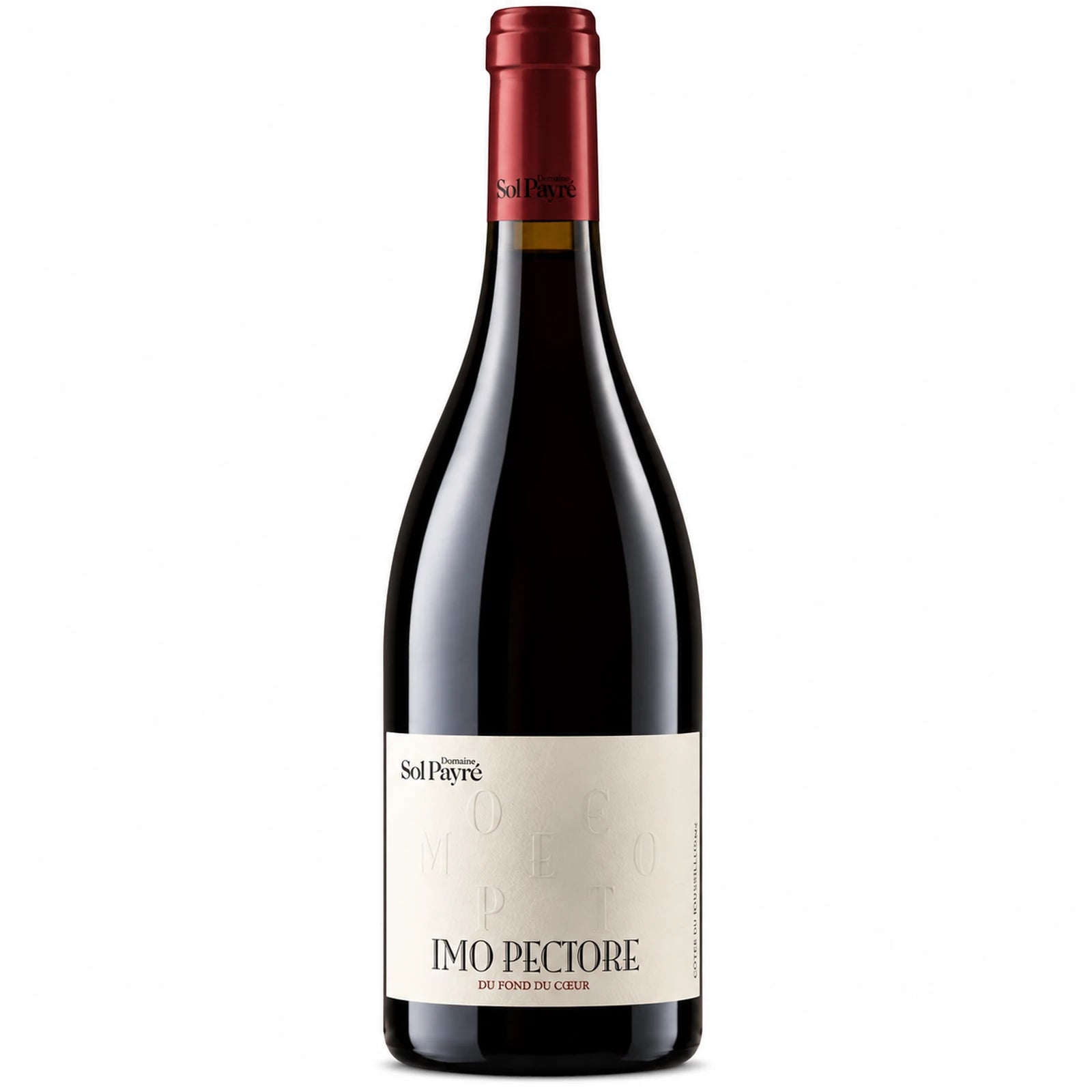 Bouteille de vin rouge Imo Pectore du Domaine Sol Payré, AOP Côtes du Roussillon, assemblage de Mourvèdre, Syrah et Carignan.