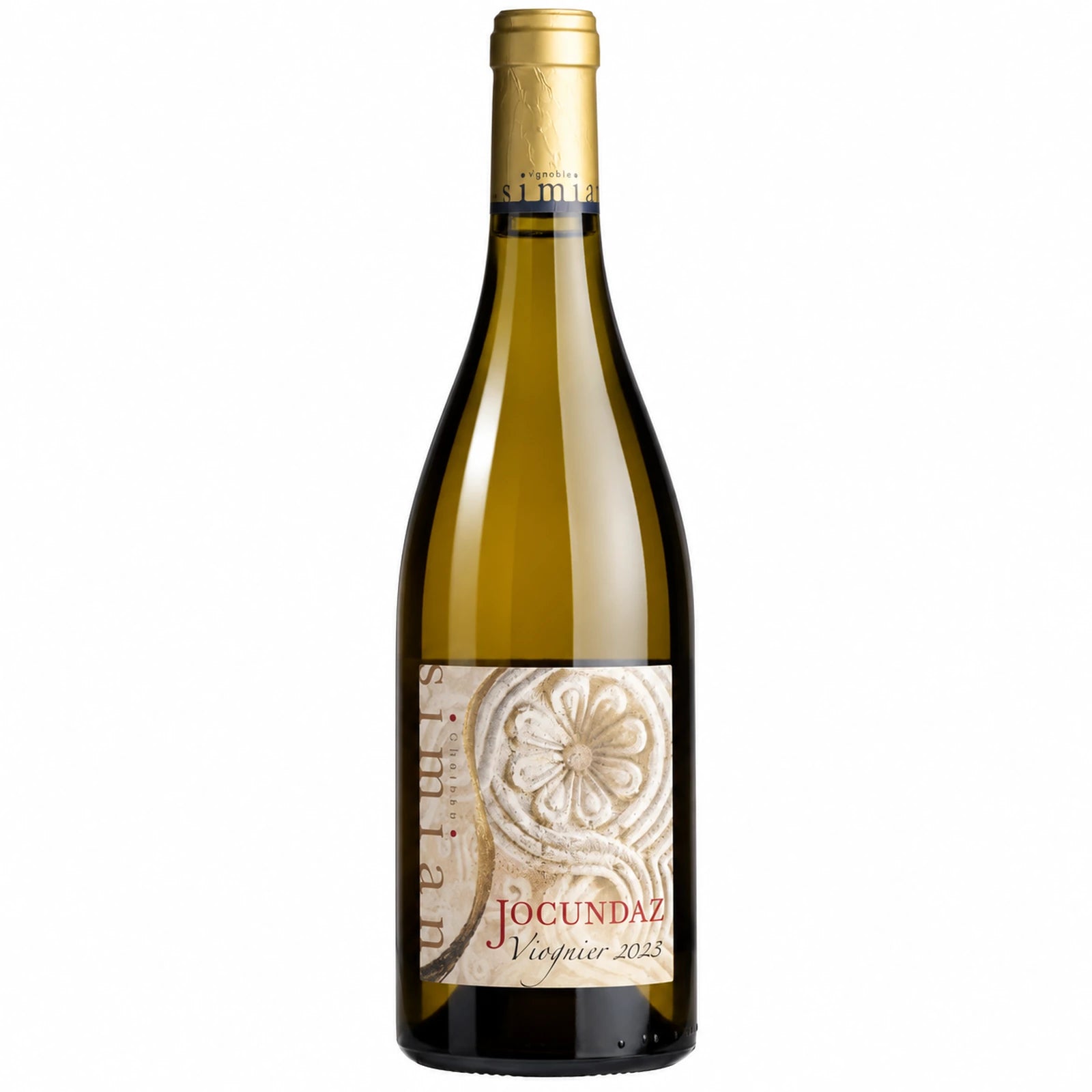 Bouteille de vin blanc Jocundaz du Vignoble Simian, AOC Côtes du Rhône, 100 % Viognier bio,