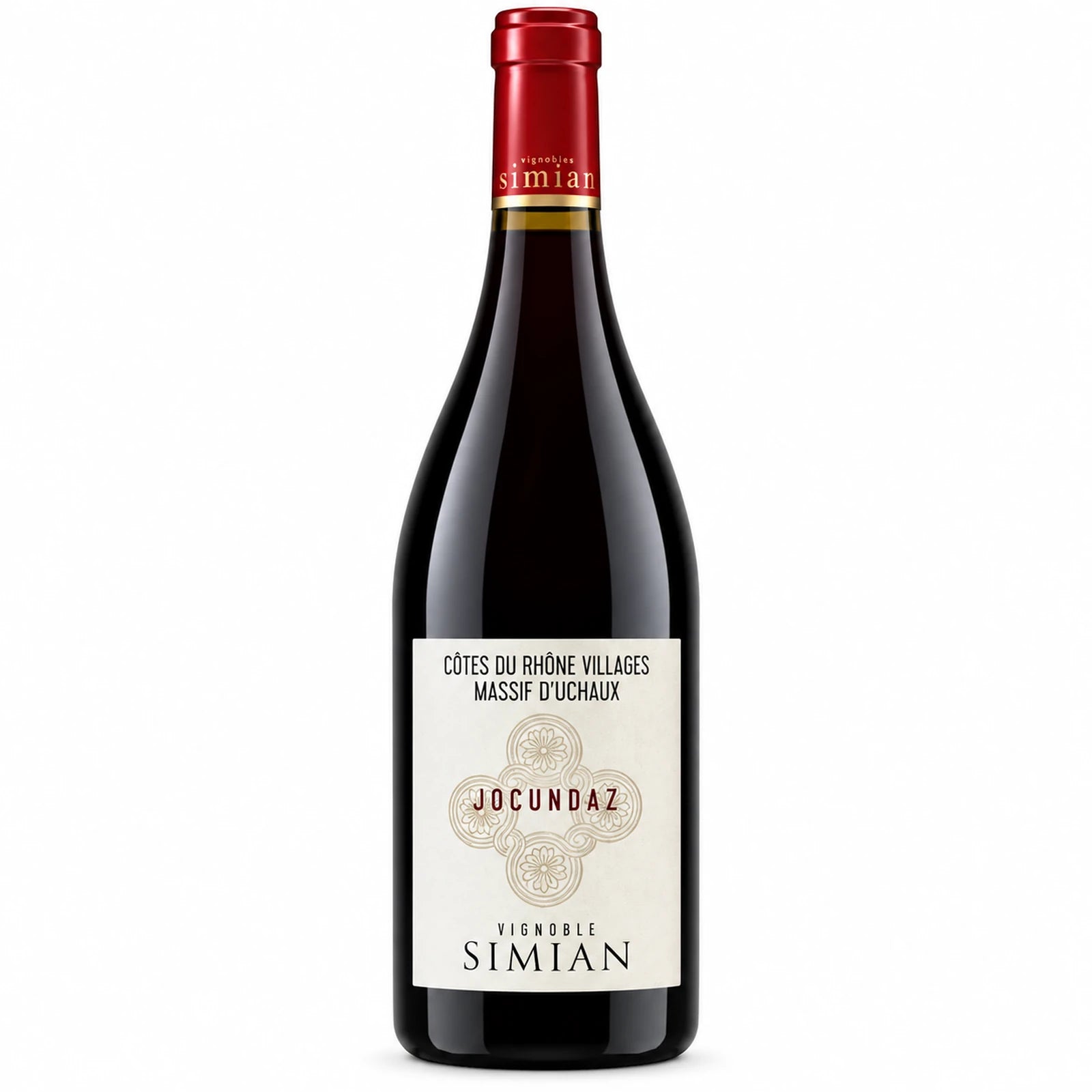 Bouteille de vin rouge Jocundaz du Vignoble Simian, AOC Côtes du Rhône Villages Massif d'Uchaux, assemblage de Grenache et Syrah,