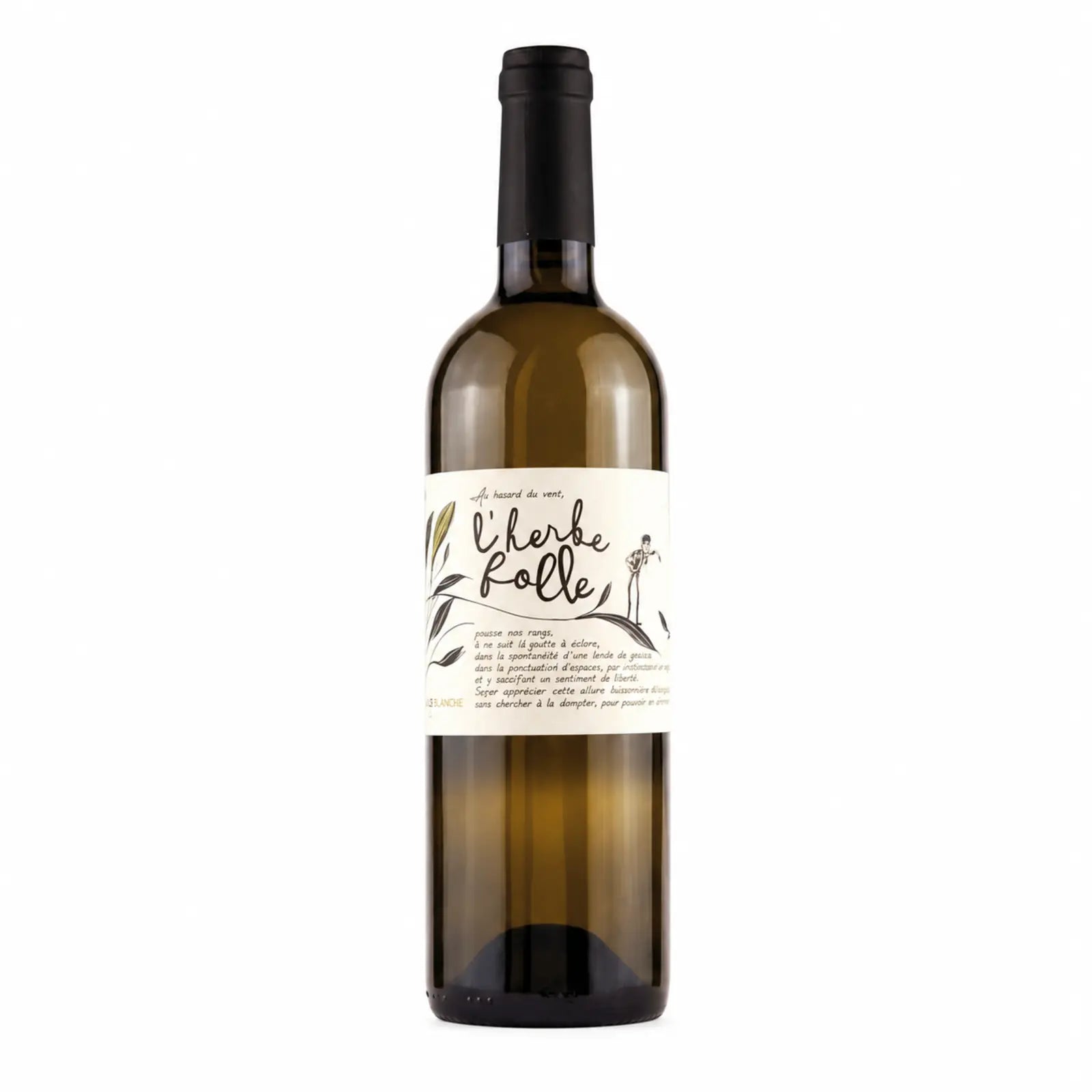 Bouteille de L’Herbe Folle blanc sec du Domaine Les Vignals, AOC Gaillac, vue de face sur fond blanc.