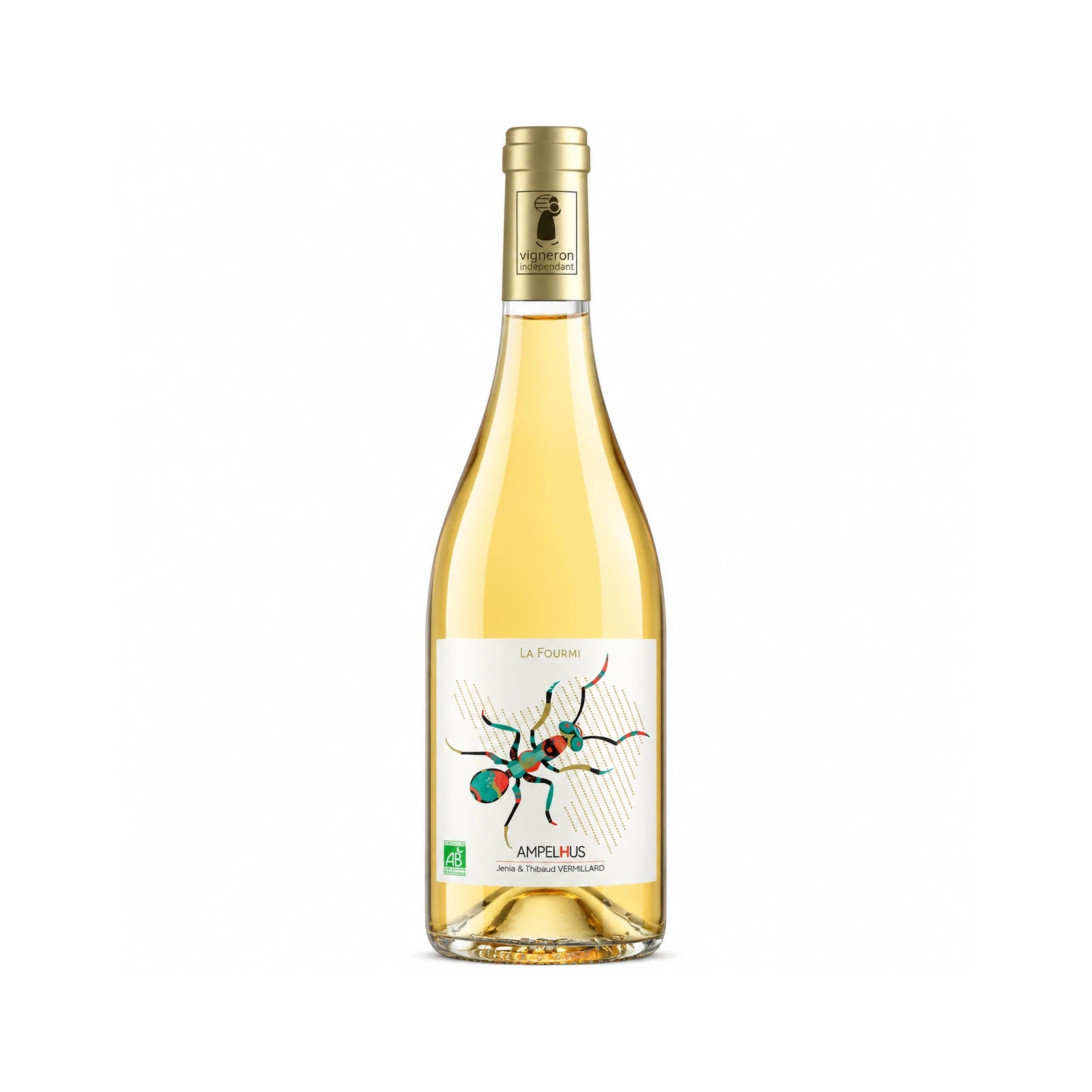Bouteille de vin blanc La Fourmi du Domaine Ampelhus, vin biologique IGP Pays d'Oc, assemblage de Clairette, Muscat à petits grains et Viognier.