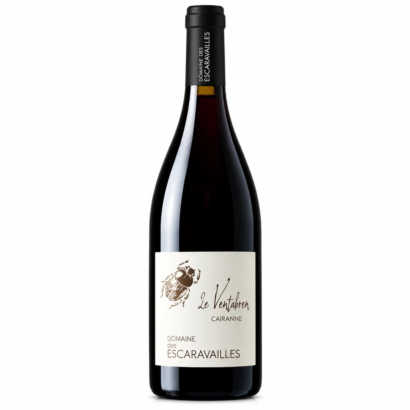 Bouteille de vin rouge Le Ventabren du Domaine des Escaravailles, AOC Cairanne, assemblage de Grenache, Syrah et Carignan