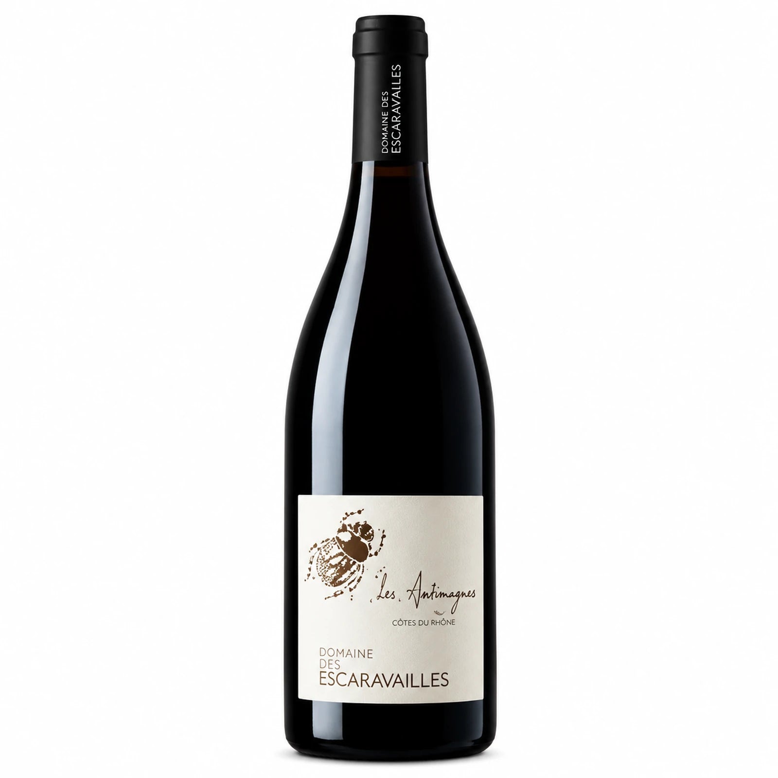 Bouteille de vin rouge Les Antimagnes du Domaine des Escaravailles, AOC Côtes du Rhône, assemblage de Grenache noir et Syrah