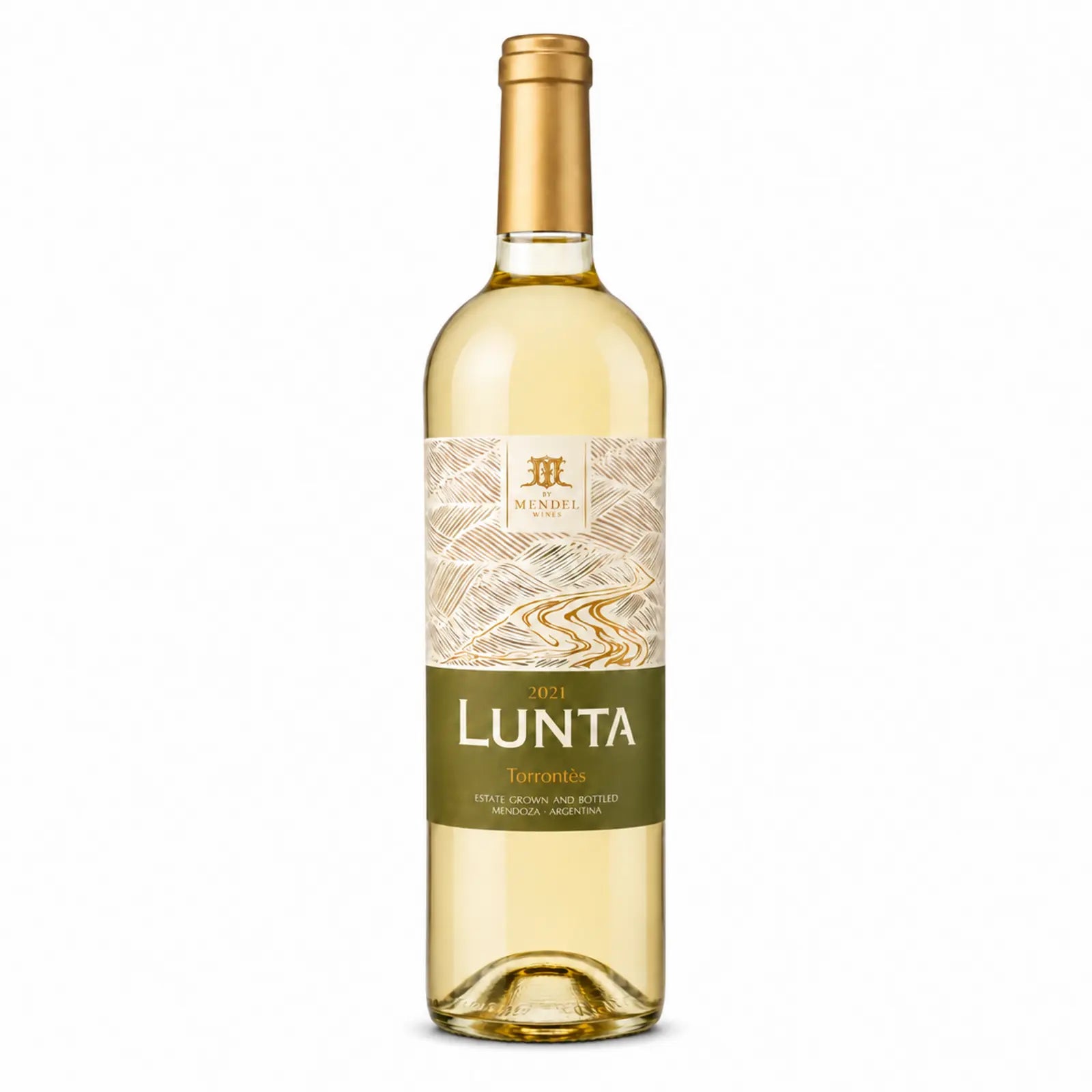 Bouteille de Lunta Torrontès de Mendel Wines sur fond blanc.