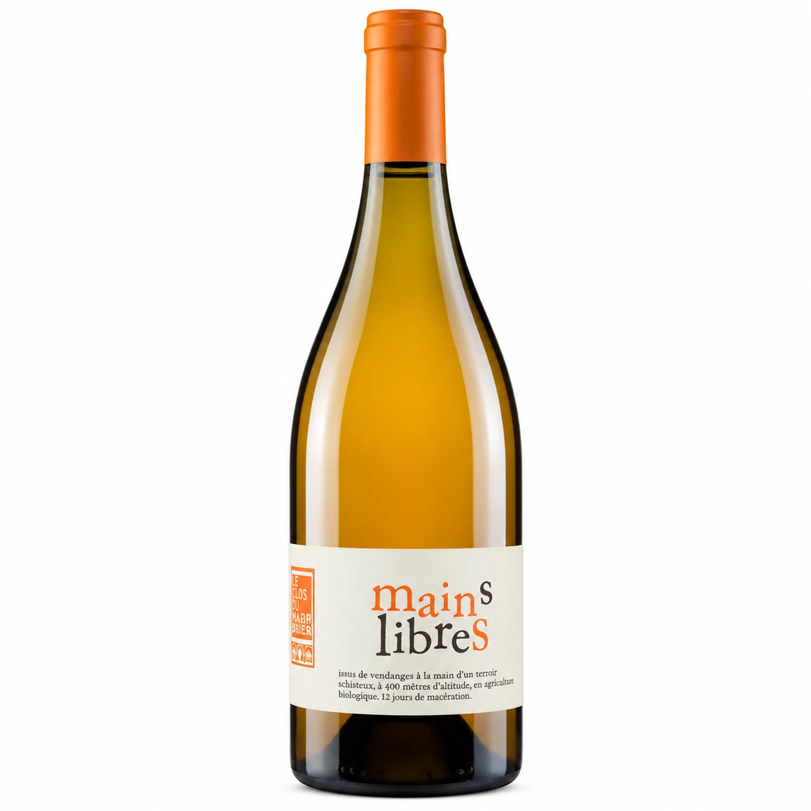 Bouteille de vin orange biologique Mains Libres du Clos du Marbrier, Vin de France issu de Grenache Blanc, Viognier et Vermentino.