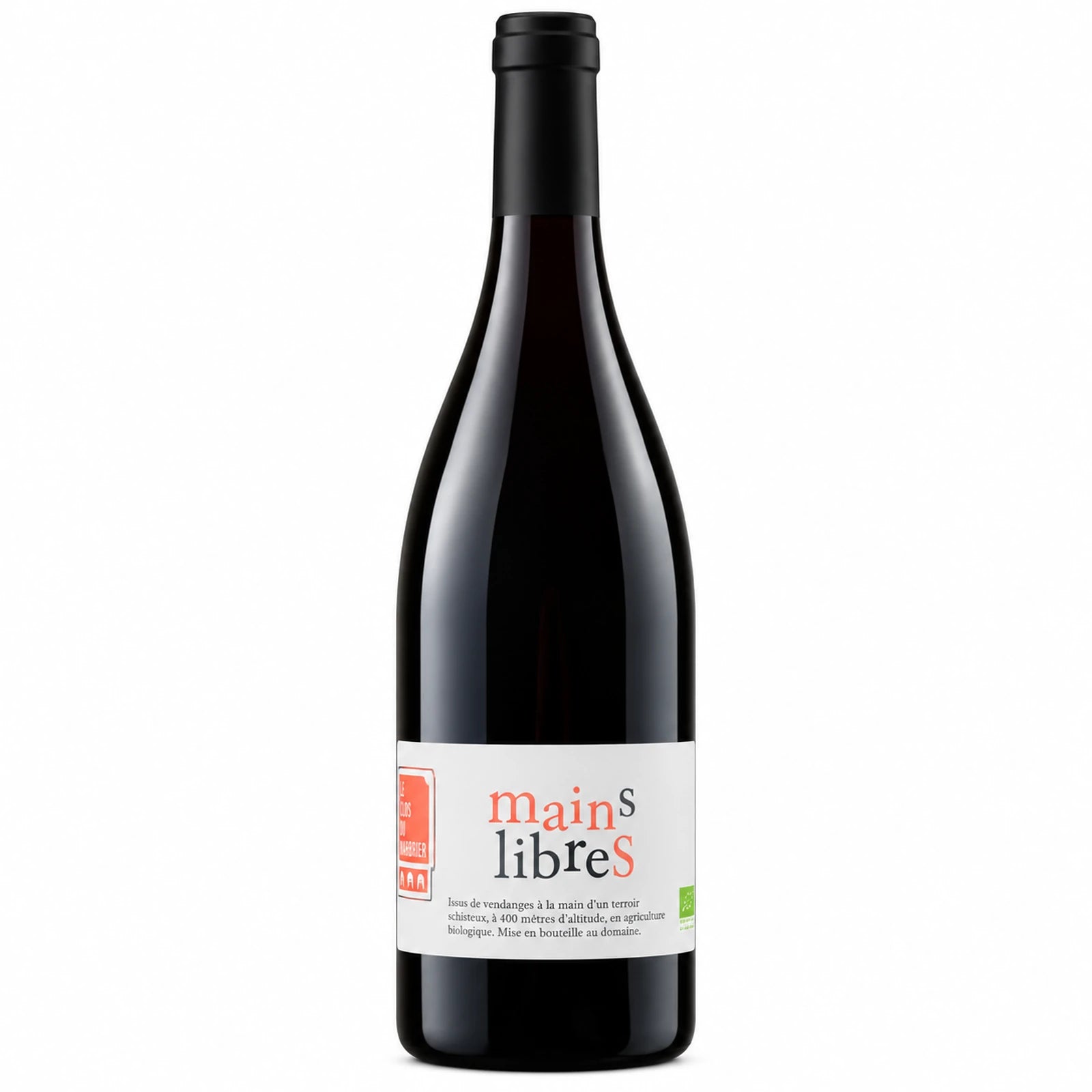 Bouteille de vin rouge Mains Libres du Clos du Marbrier, Vin de France élaboré à partir de Castets et Grenache Noir à Caunes-Minervois.