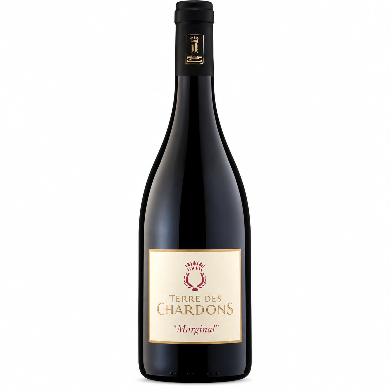 Bouteille de vin rouge Marginal du domaine Terre des Chardons, AOP Costières de Nîmes, vin bio et biodynamique à dominante Syrah