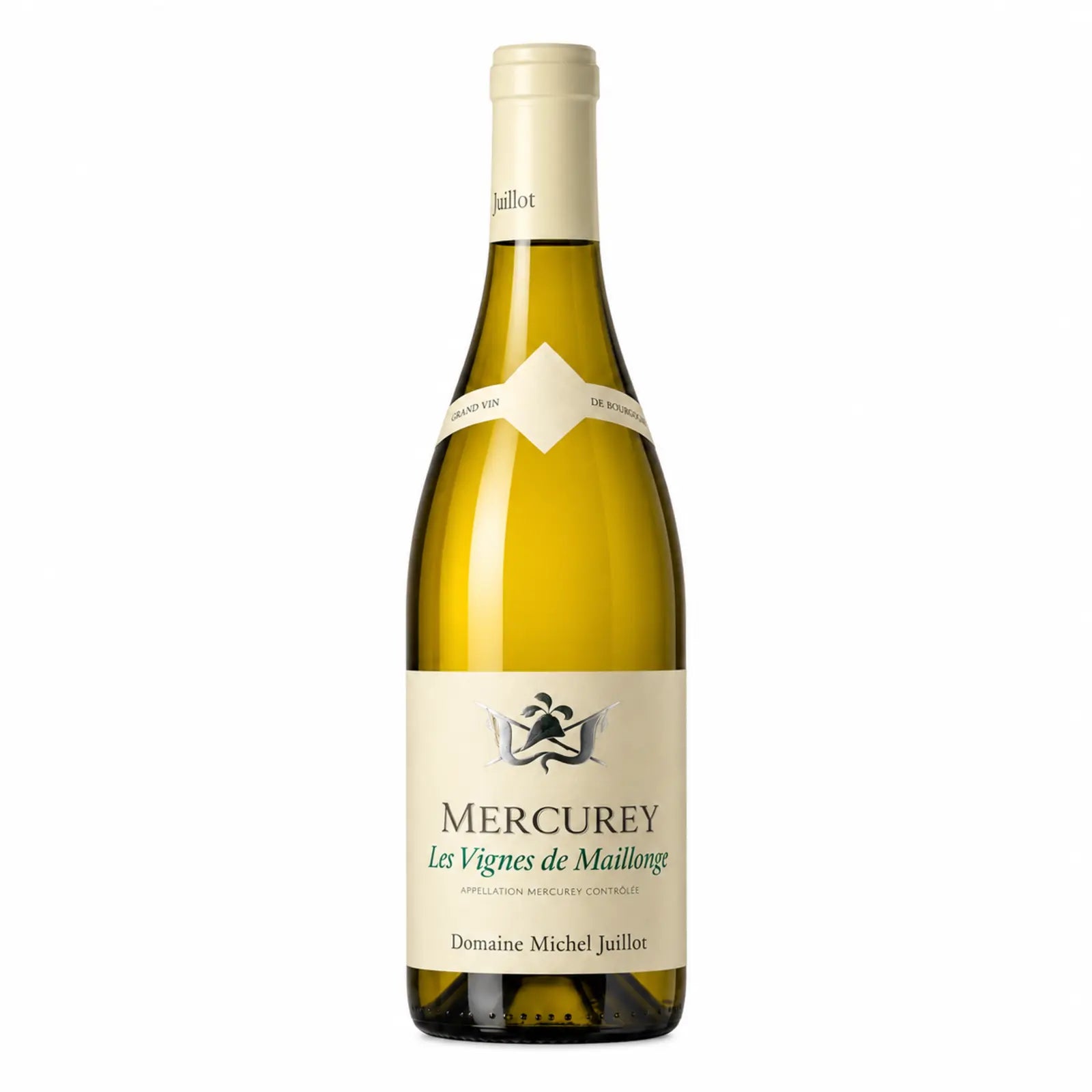 Bouteille de Mercurey Blanc Les Vignes de Maillonge du Domaine Michel Juillot, vin blanc de Bourgogne 100 % Chardonnay, sur fond blanc.