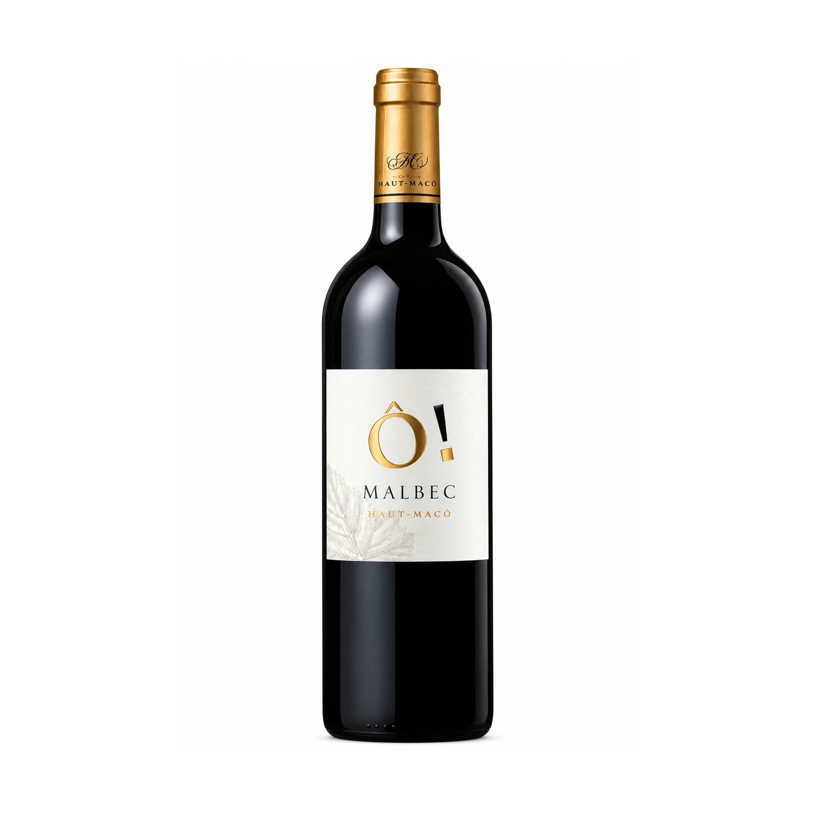 Bouteille Ô Malbec du Château Haut-Macô, vin rouge 100 % Malbec de Bordeaux, avec étiquette blanche et dorée.