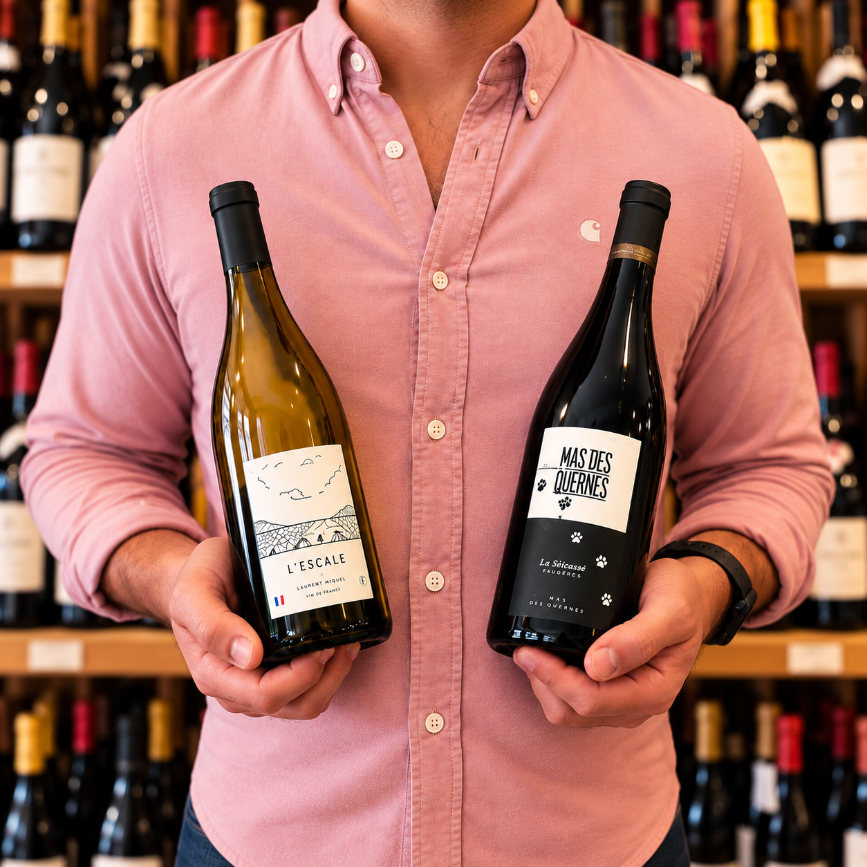 Présentation de deux bouteilles de vin sélectionnées par un caviste œnologue pour l'Oenobox Beau Petit RAISIN, abonnement vin découverte Oenofeel à Clermont-Ferrand.