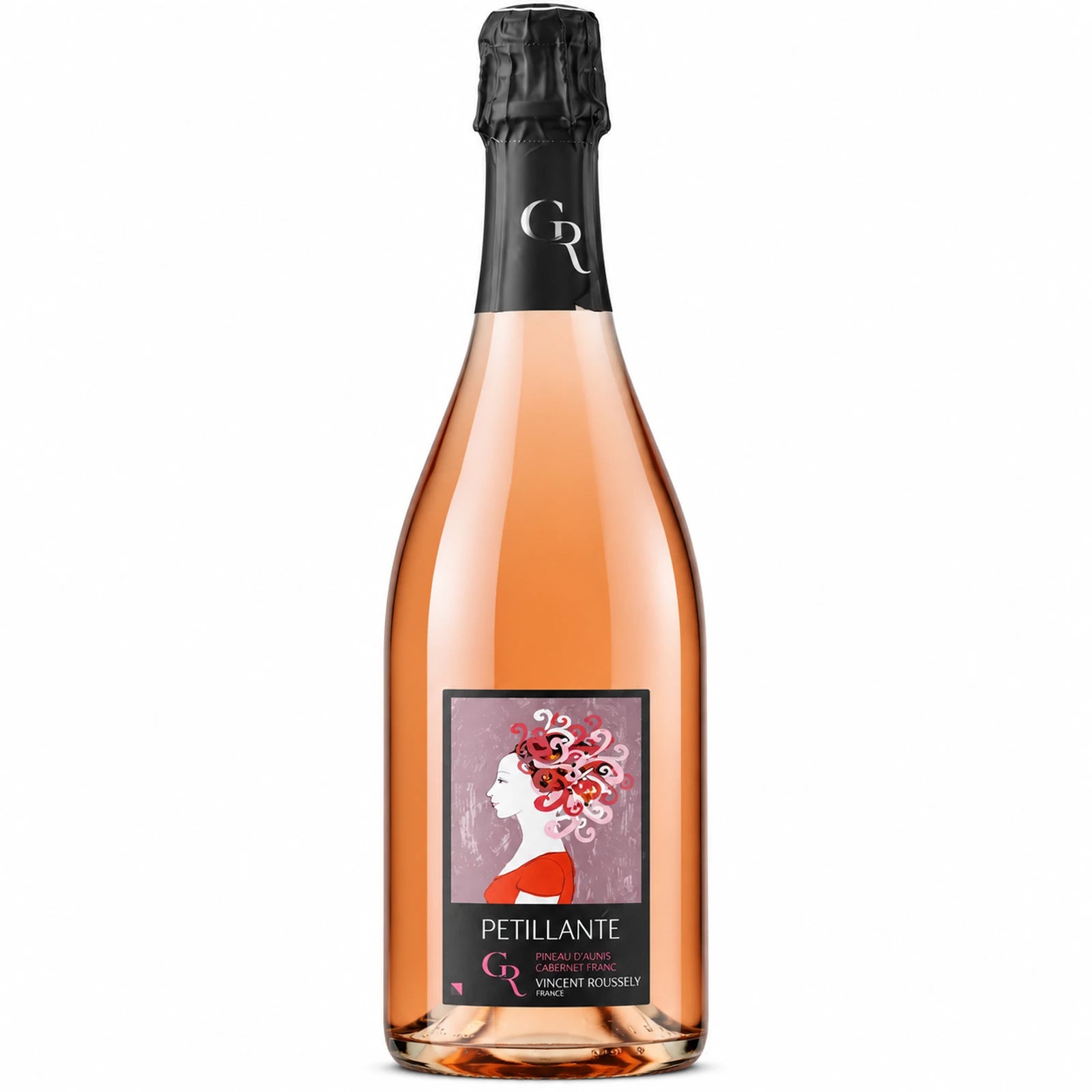 Bouteille de Pétillante Rosé du Clos Roussely, vin rosé effervescent de Loire élaboré à partir de Pineau d’Aunis et Cabernet Franc.