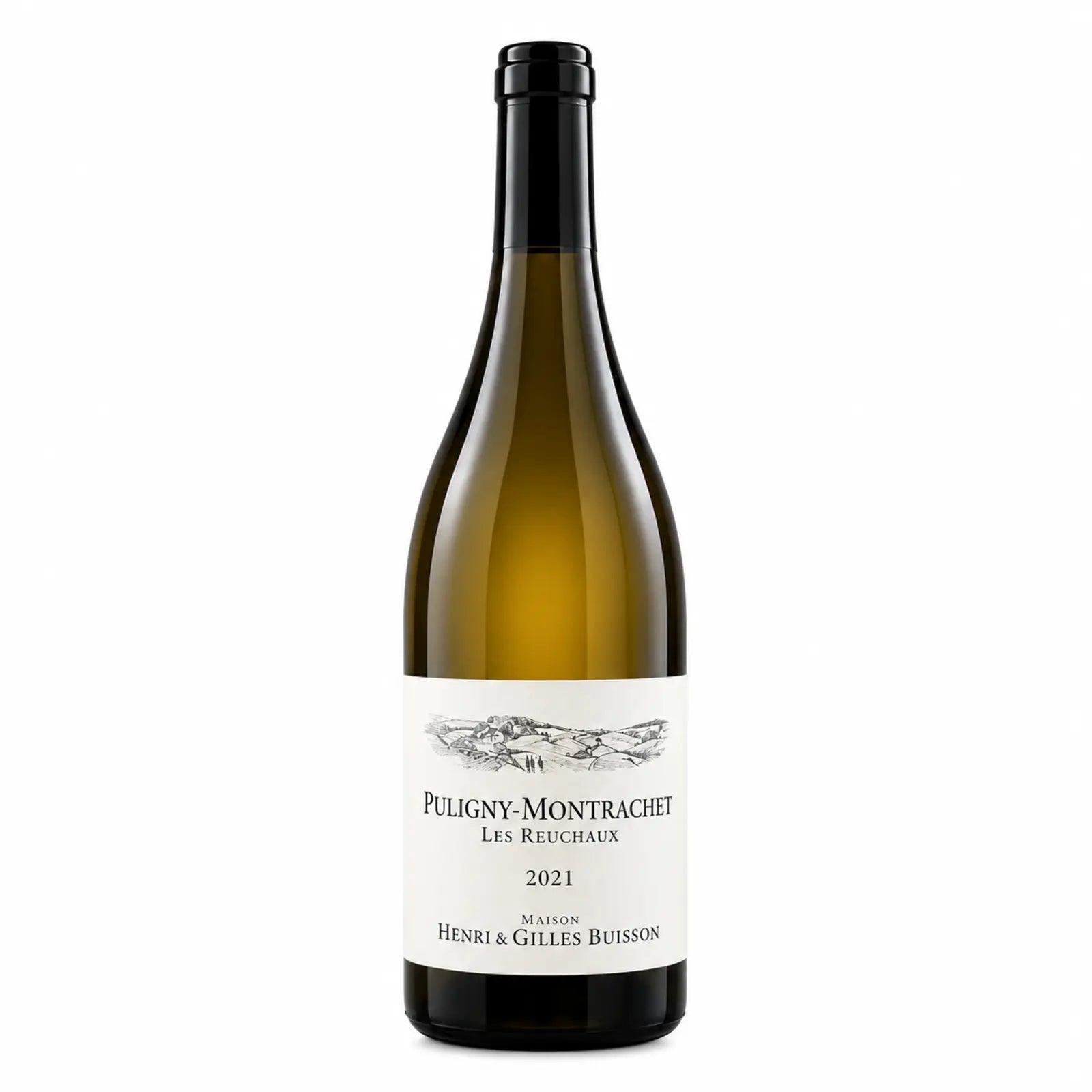Bouteille de vin blanc Puligny-Montrachet « Les Reuchaux » du Domaine Henri & Gilles Buisson, AOP Puligny-Montrachet, Chardonnay de Bourgogne, Côte de Beaune,