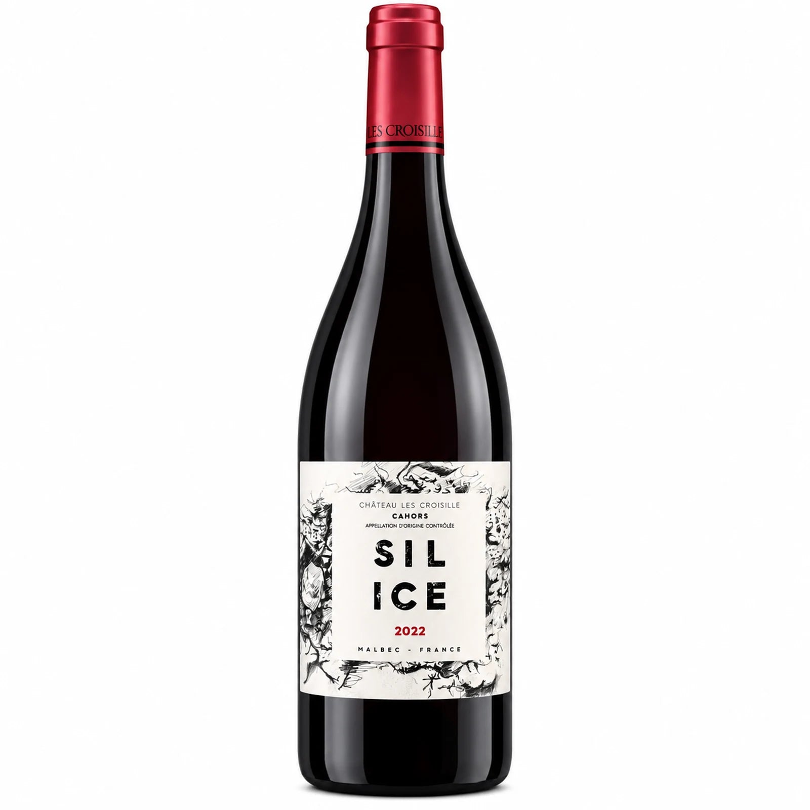 Bouteille de Silice du Château Les Croisille, vin rouge AOC Cahors 100 % Malbec, bio et biodynamique